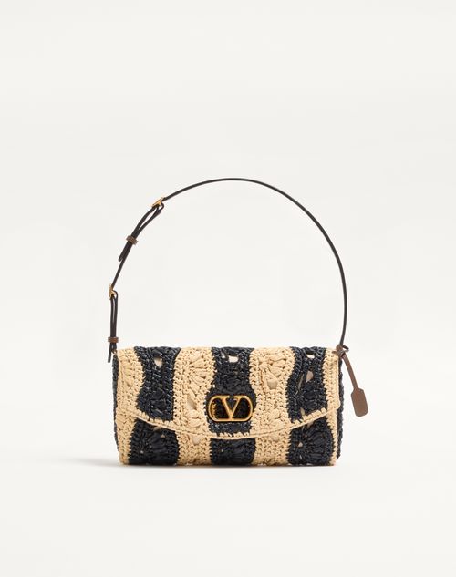 Bolsa de ombro pequena Valentino Garavani Devain em ráfia com motivo de ondas.