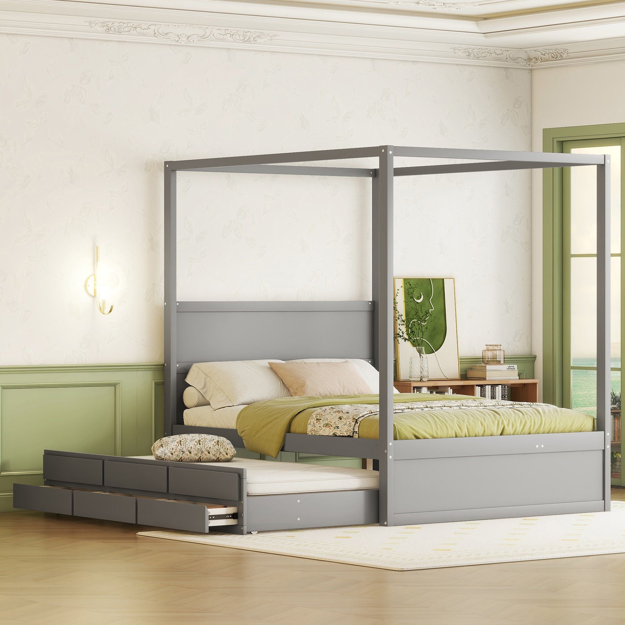 Celya Himmelbett 140 x 200 cm Pritsche mit ausziehbarem Einzelbett, und drei Ablagefächern, Grau