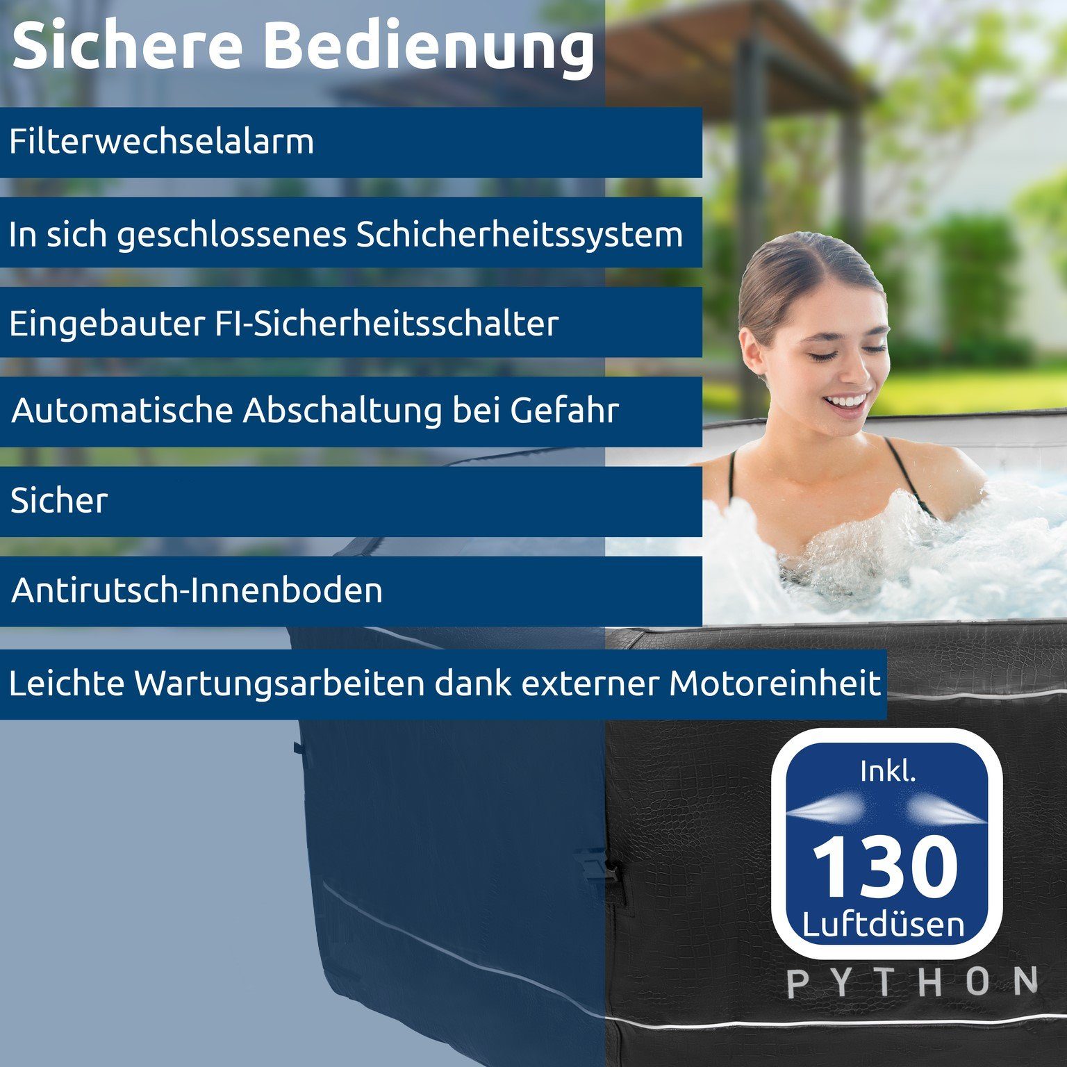 JUNG Whirlpool Python aufblasbarer Whirlpool Outdoor Set, beheizt, 5 Pers., Ø 185cm, (Sprudelbad 850L, 9-tlg., mit Filterkartusche), Winterfest Komplett Set, Spa Pool, Selbstaufblasend, Bubble Wellness