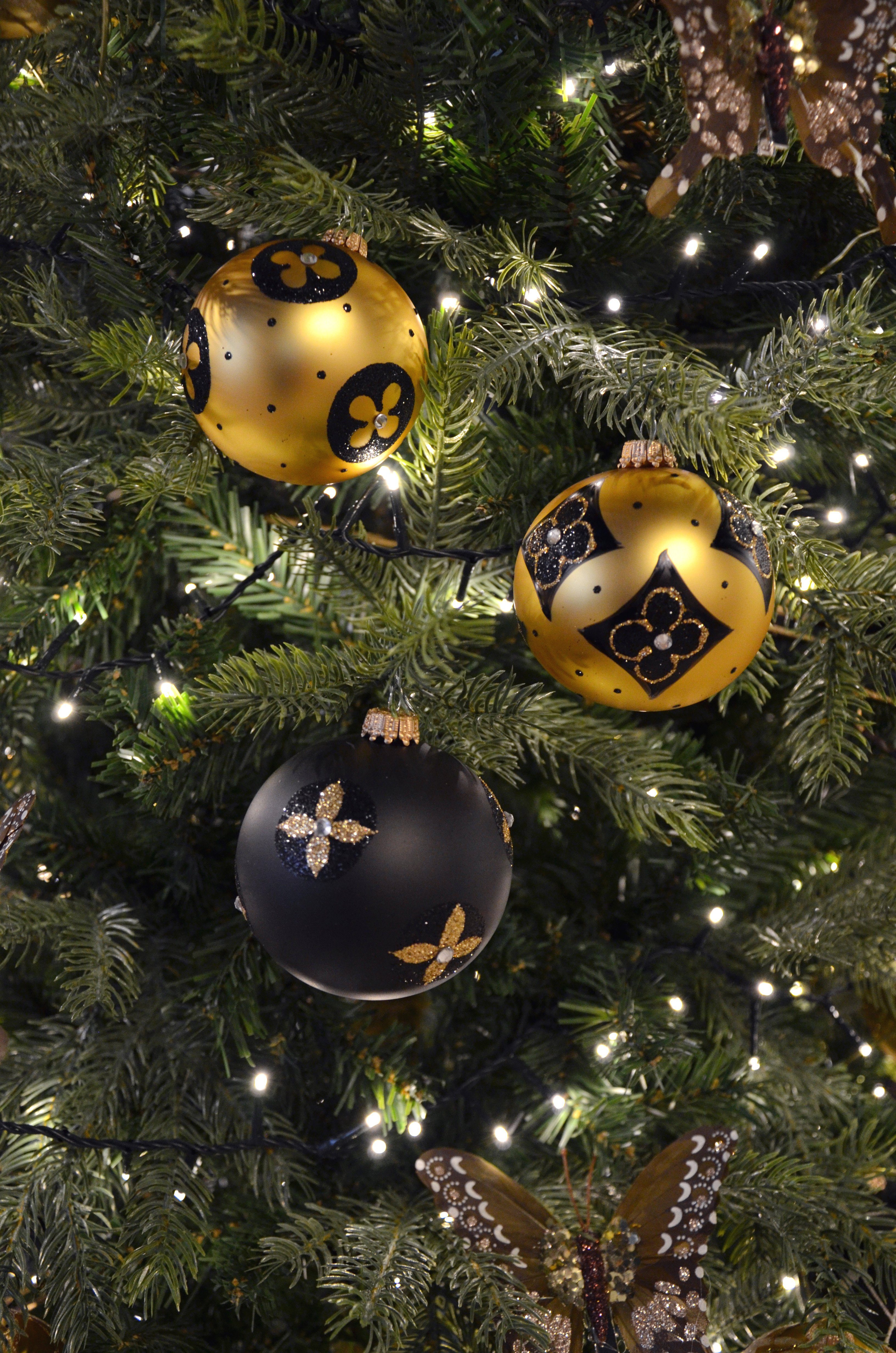 Krebs Glas Lauscha Christbaumschmuck Gold & Schwarz, 3-er Set, stilisierte Blumen, Strasssteine, 8cm