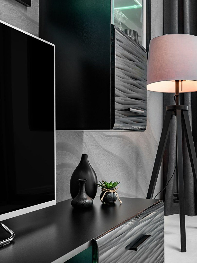 Stylefy Wohnwand Berta, (Wohnmöbel, Wohnzimmer-Set), 2×Hängevitrine, 1×Lowboard, 1×Wandregal, LED-Beleuchtung, Glaseinsatz