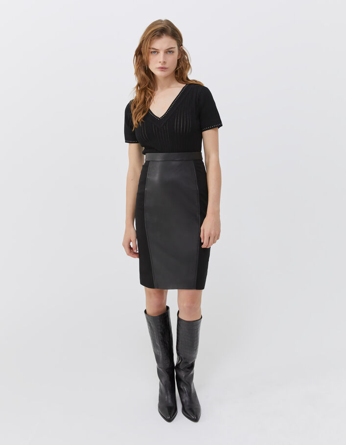 Jupe crayon coloris noir bi-matière en cuir et viscose femme