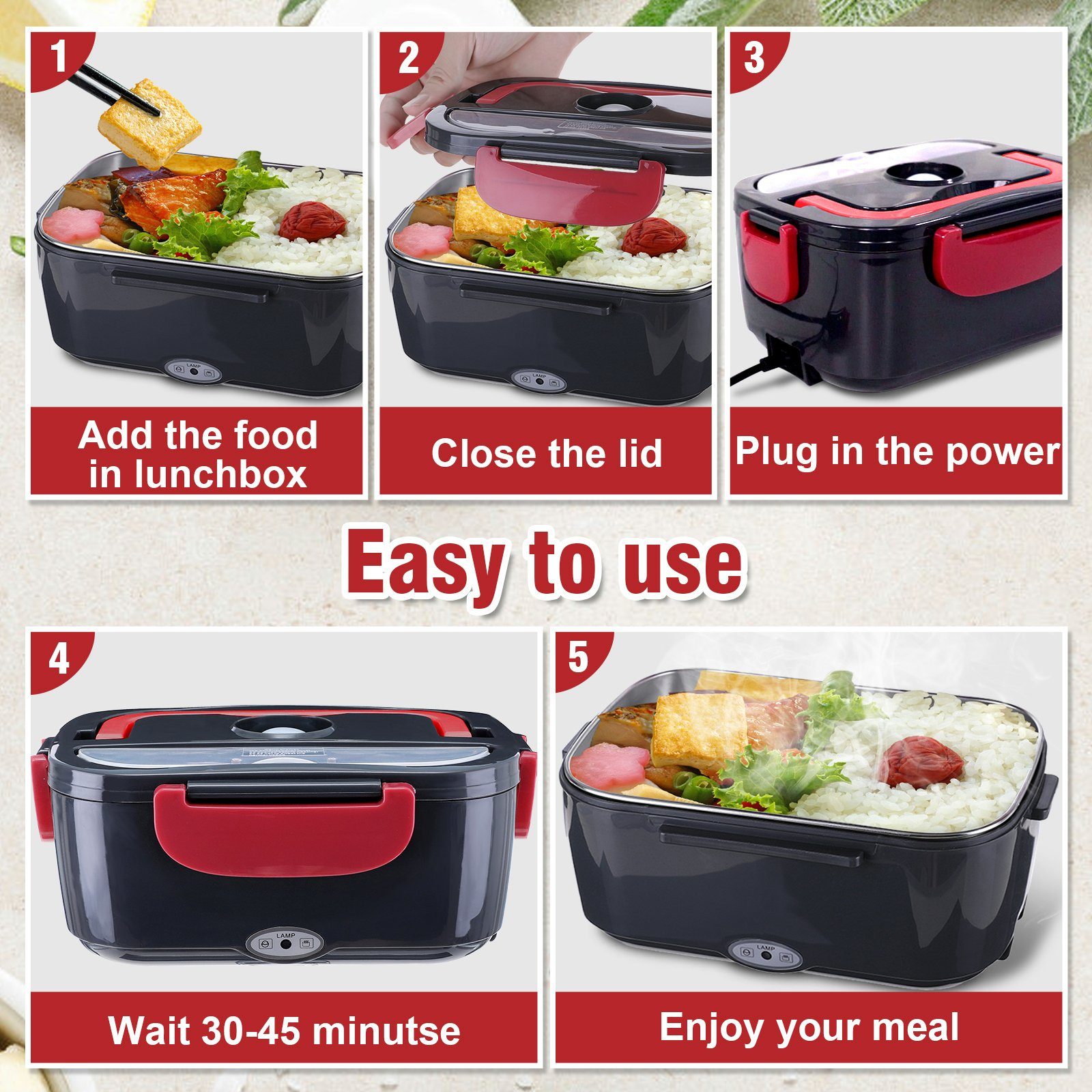 NASUM Elektrische Lunchbox mit Heizfunktion: Warme Mahlzeiten überall!, Kunststoff, hochwertige Edelstahl Verarbeitung
