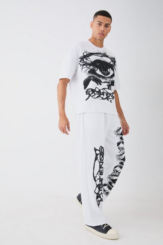 Kastige Oversize Jogginghose in Waffeloptik mit Print