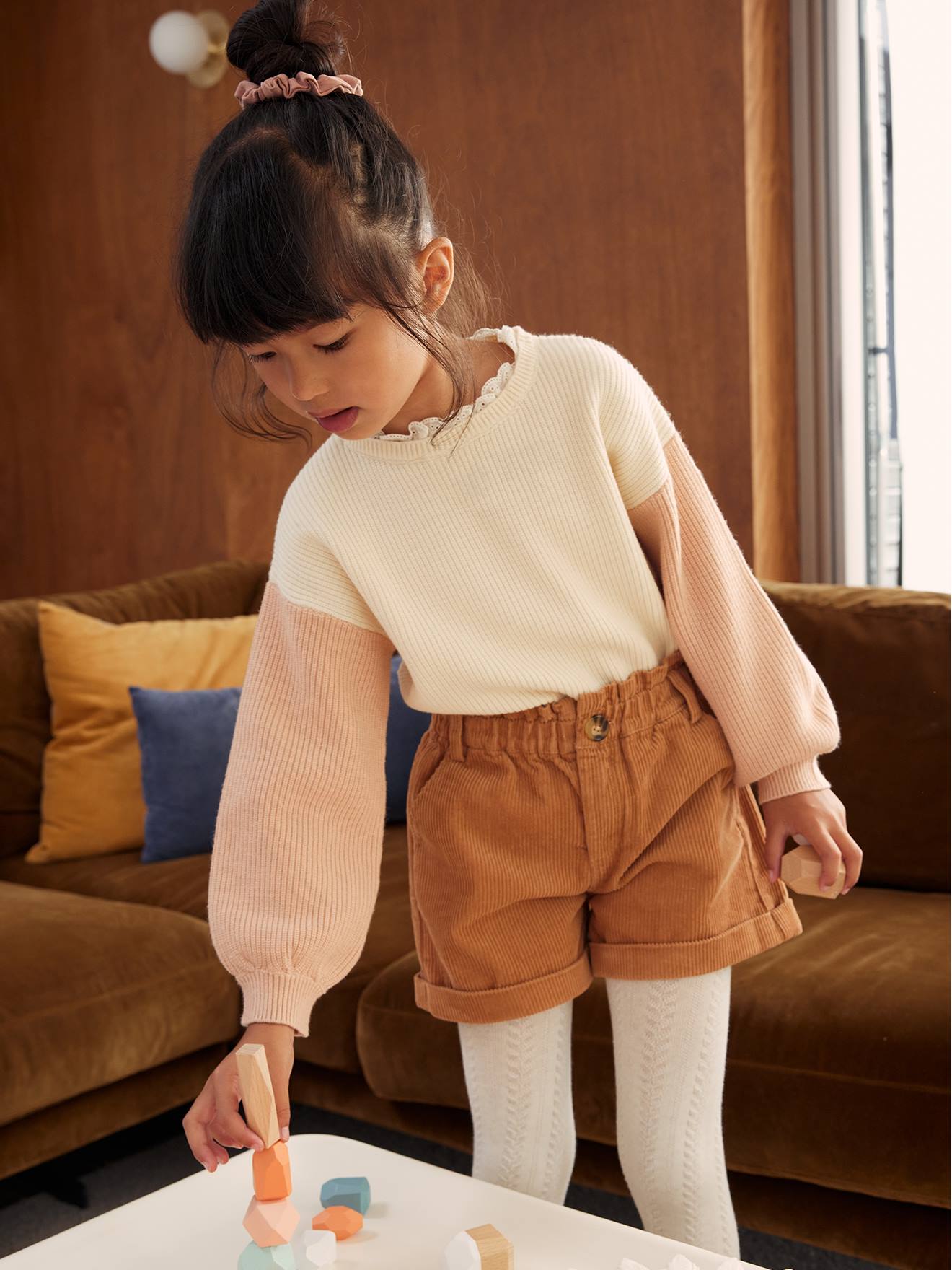 Pull col fantaisie forme loose fille rayé marine