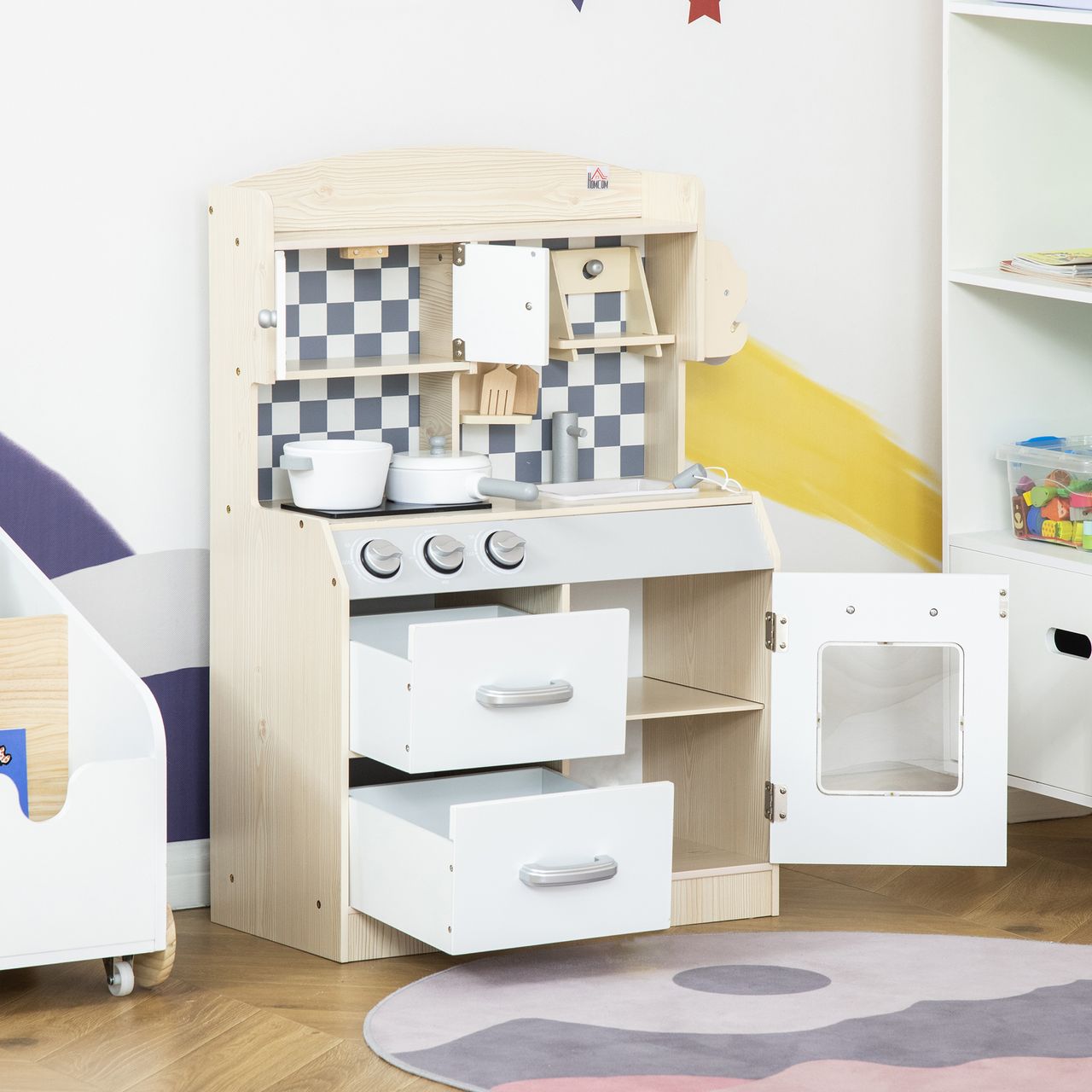 HOMCOM Kinderküche Spielküche aus Holz Küchenspielzeug mit Zubehör für 3–6 Jahre