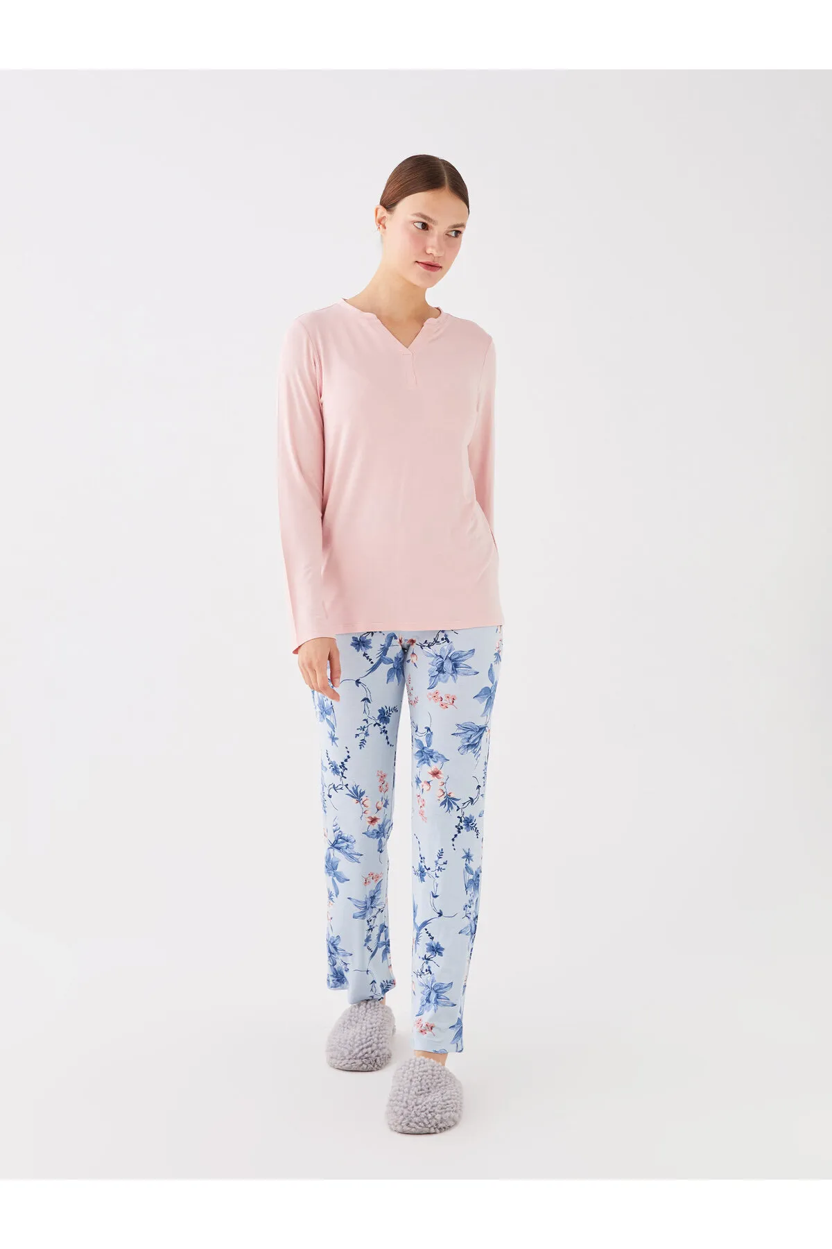 LC Waikiki  Damen-Pyjama-Set mit lockerem Kragen, einfarbig, langärmelig