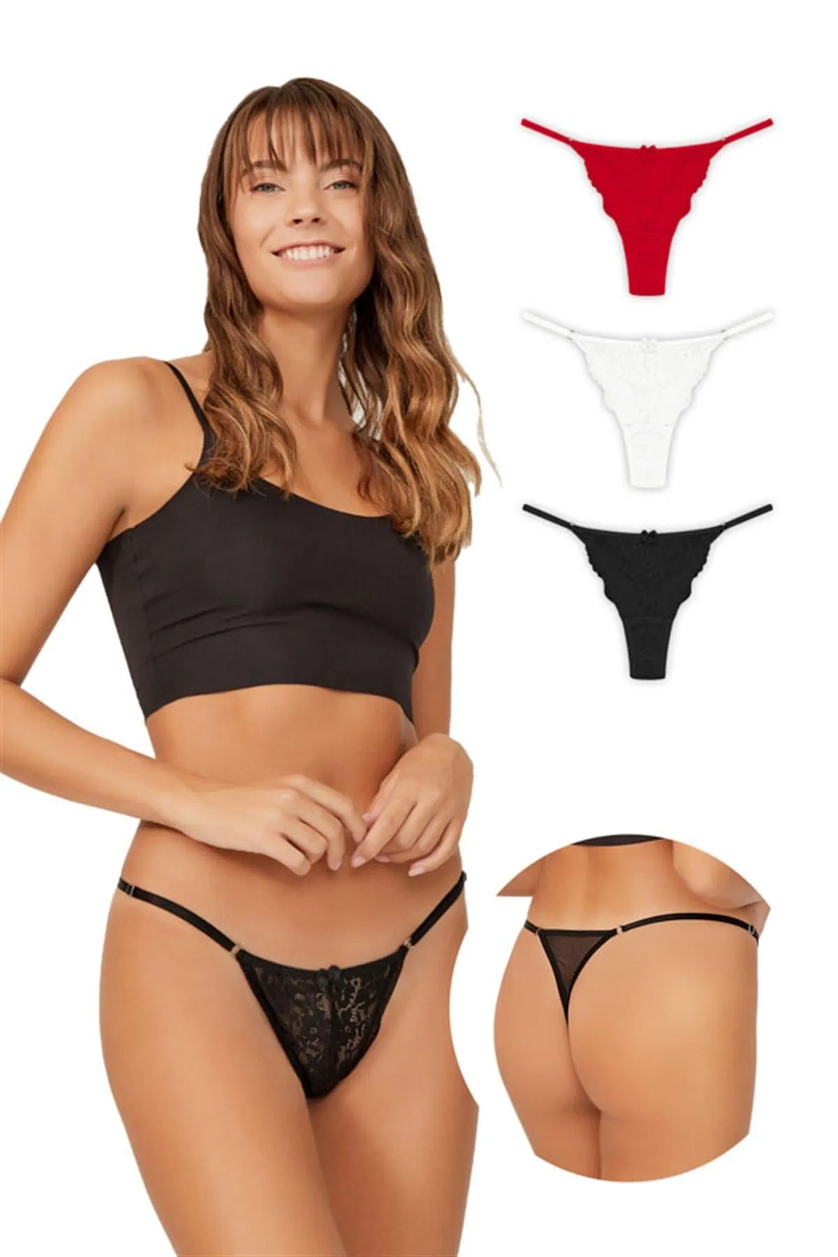 Cottonhill  Damen-Tangas mit Spitze vorne und detailliertem Tüll im 3er-Pack – 2