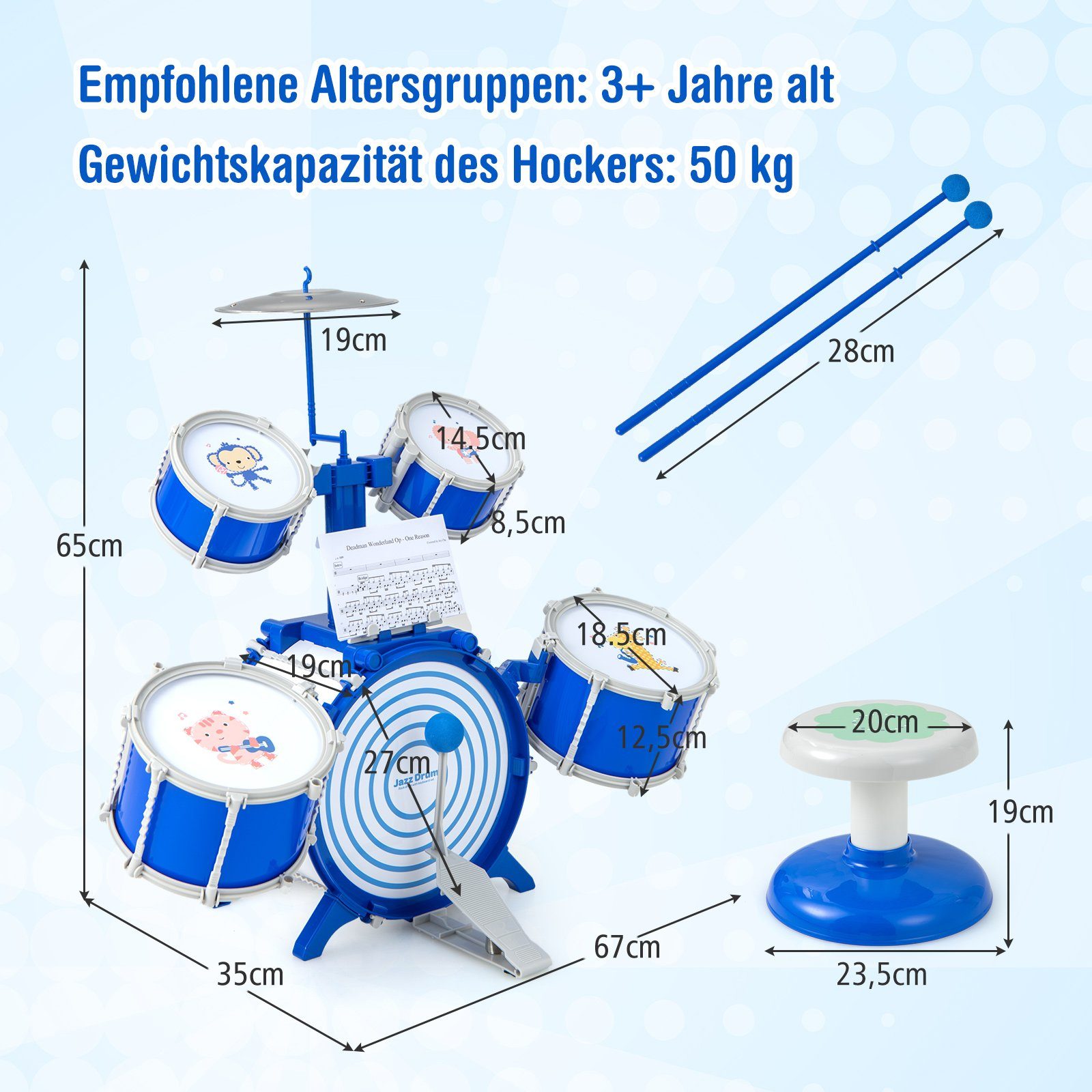 COSTWAY Kinderschlagzeug Drumset, mit Hocker, für Anfänger