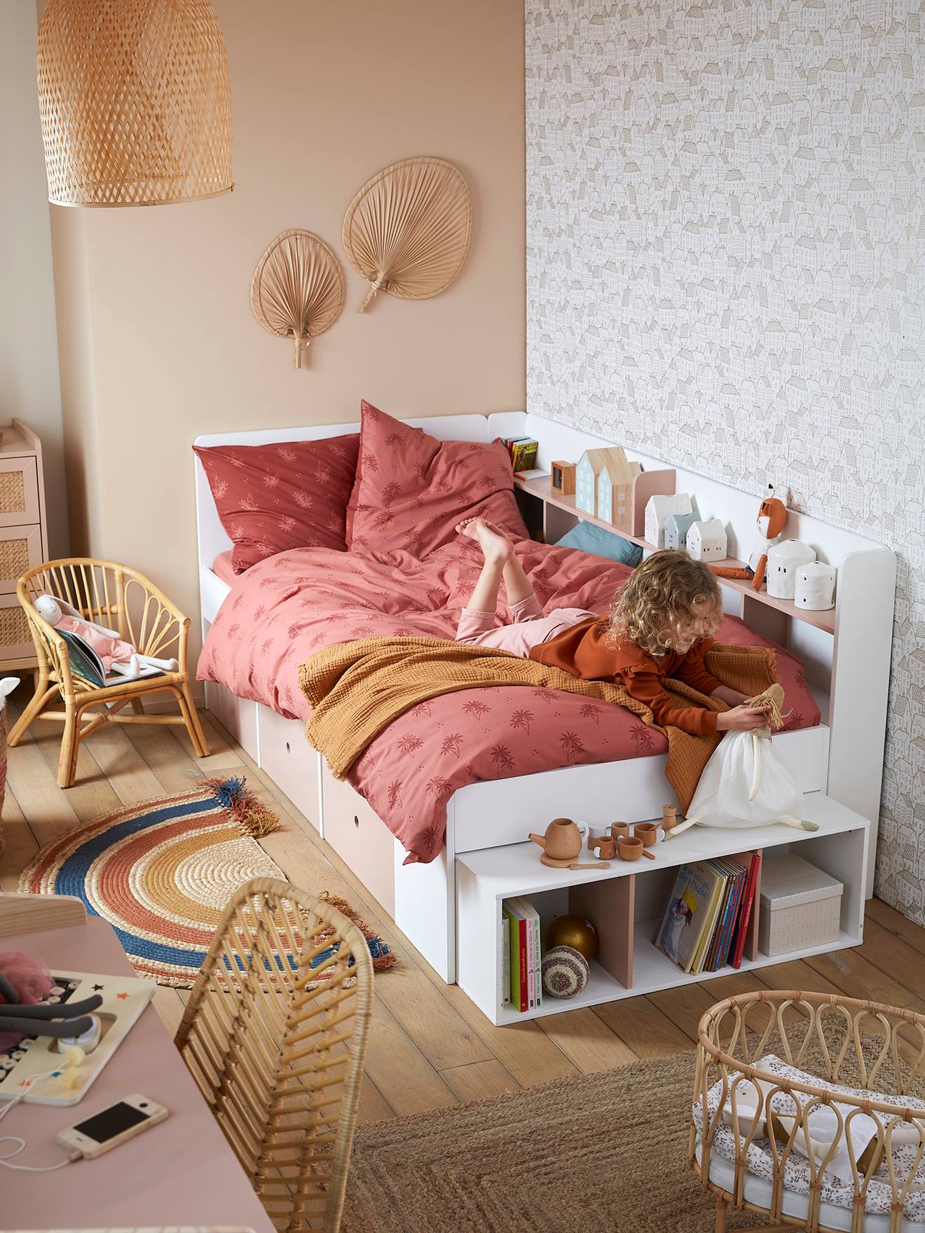 Vertbaudet Kinderbett BASEO mit Schubladen - rosa nude