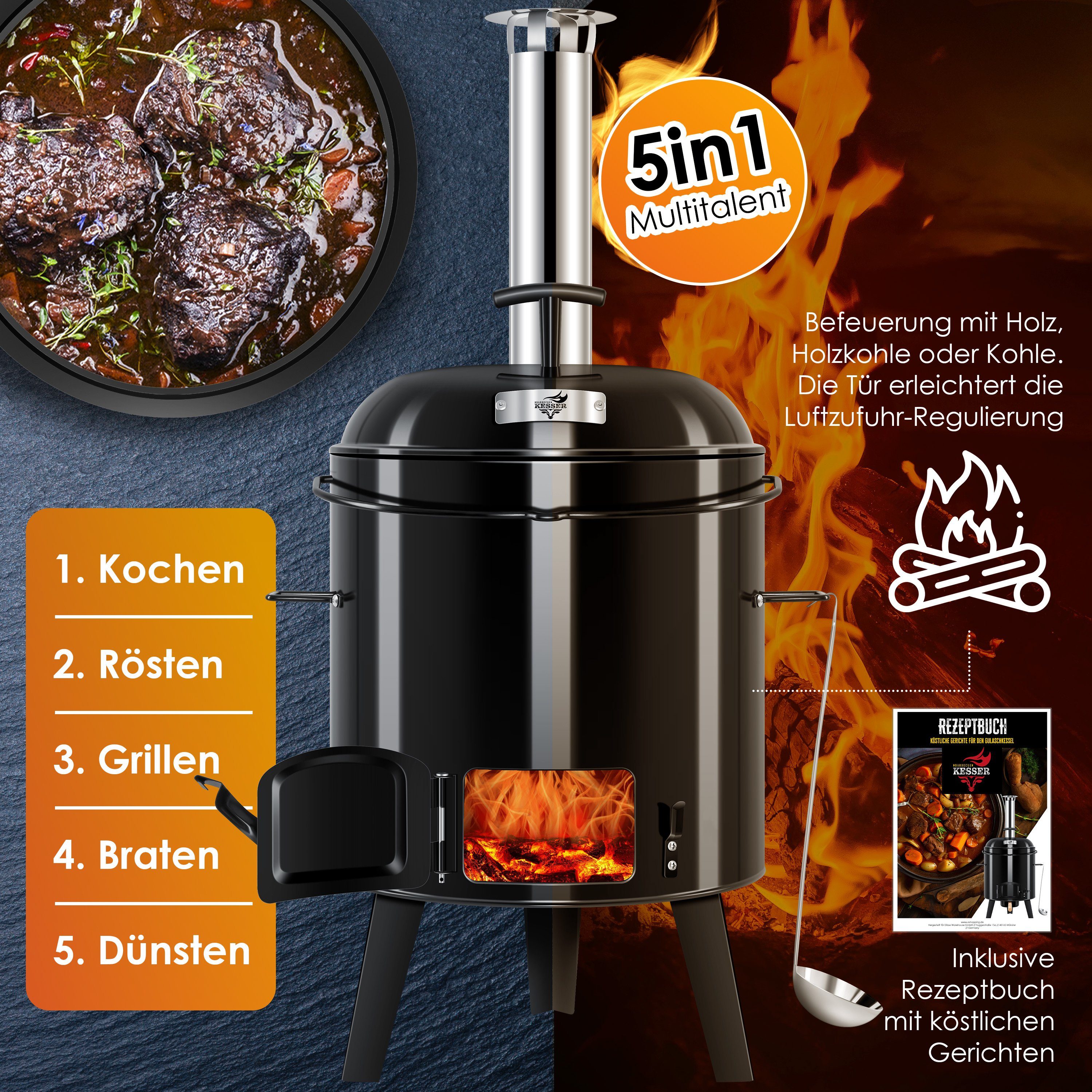 KESSER Feuerstelle, Gulaschkessel Gulaschkanone Eintopfofen mit Grillfunktion