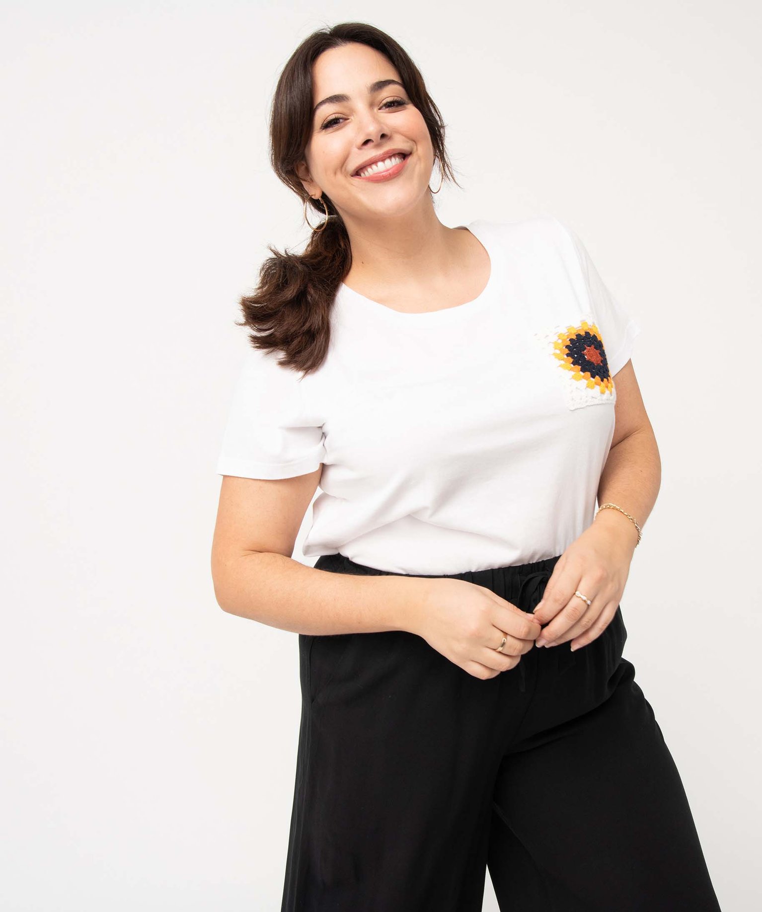 Tee-shirt femme grande taille à manches courtes et poche fa... blanc | GEMO