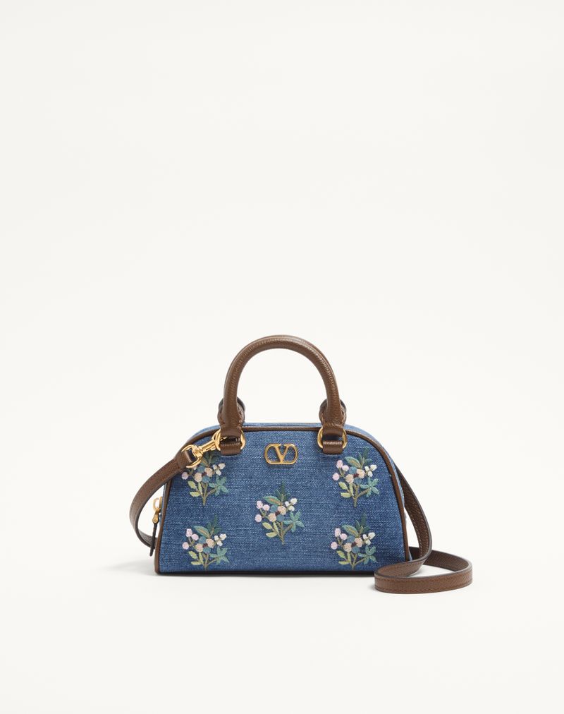 Valentino Garavani VLogo Signature Mini Boston Bag em jeans com bordado floral