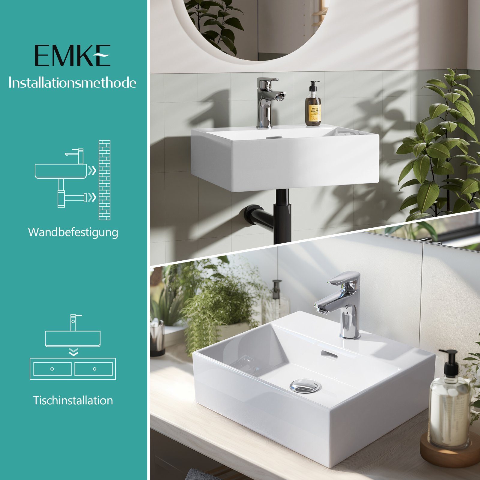 EMKE Aufsatzwaschbecken Keramik Waschbecken Eckiger Hängewaschbecken Waschtisch, Modernes Design fürs Badezimmer mit Hahnlöcher Weiß Glänzend
