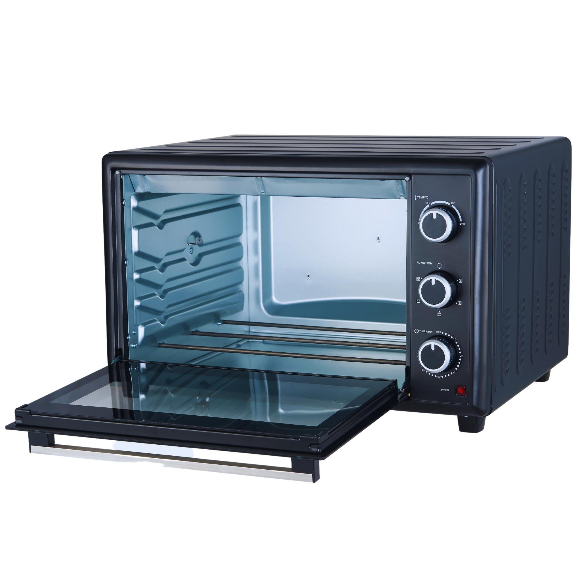 optimumX Minibackofen 60 Liter XXL mit Umluft, 2200W, Backblech und Gitter-Set, 5 Kochfunktionen, 60 min, Doppelverglassung, 90-230°C