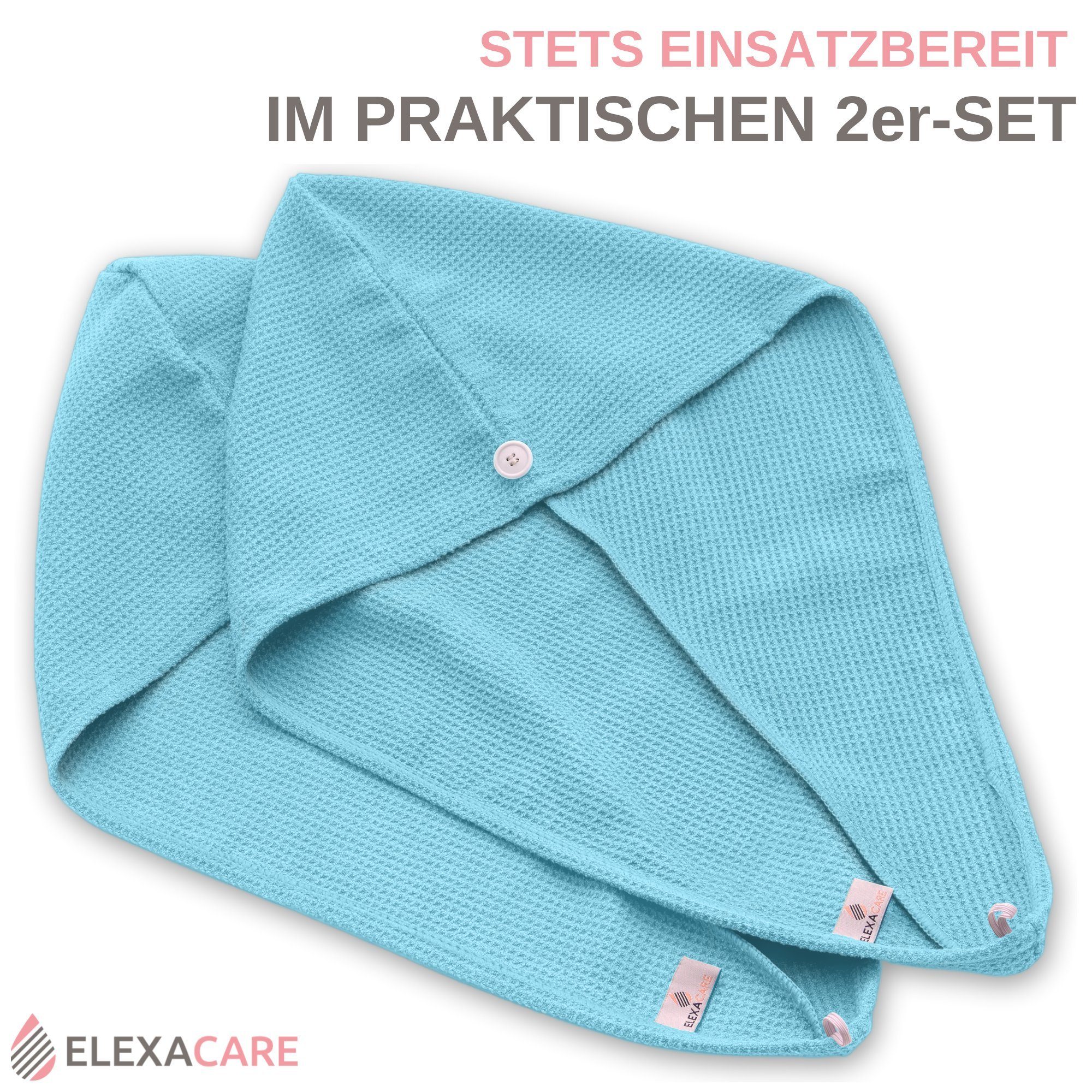 ELEXACARE Turban-Handtuch Haarturban mit Knopf, Mikrofaser (2-St), Turbanhandtuch mit Knopf und Schlaufe