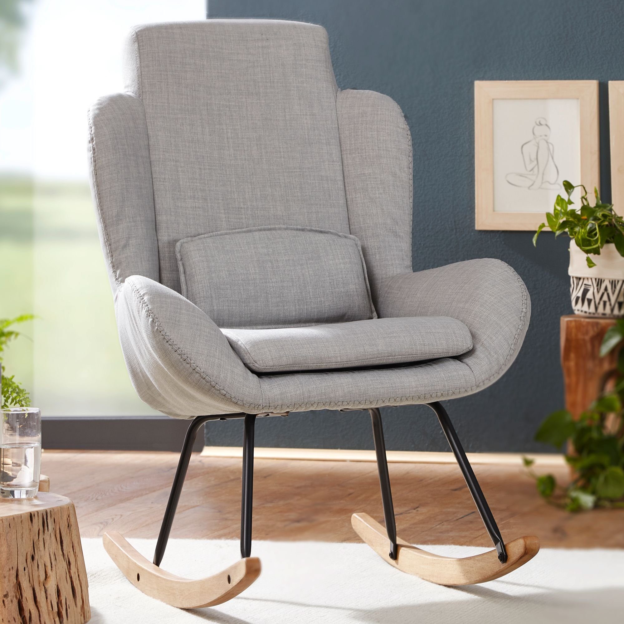 FINEBUY Schaukelstuhl SuVa14311_1 (CAPRI Grau, Stoff Relaxsessel 75 x 110 x 88,5 cm), Schwingsessel Relaxstuhl, Moderner Schwingstuhl