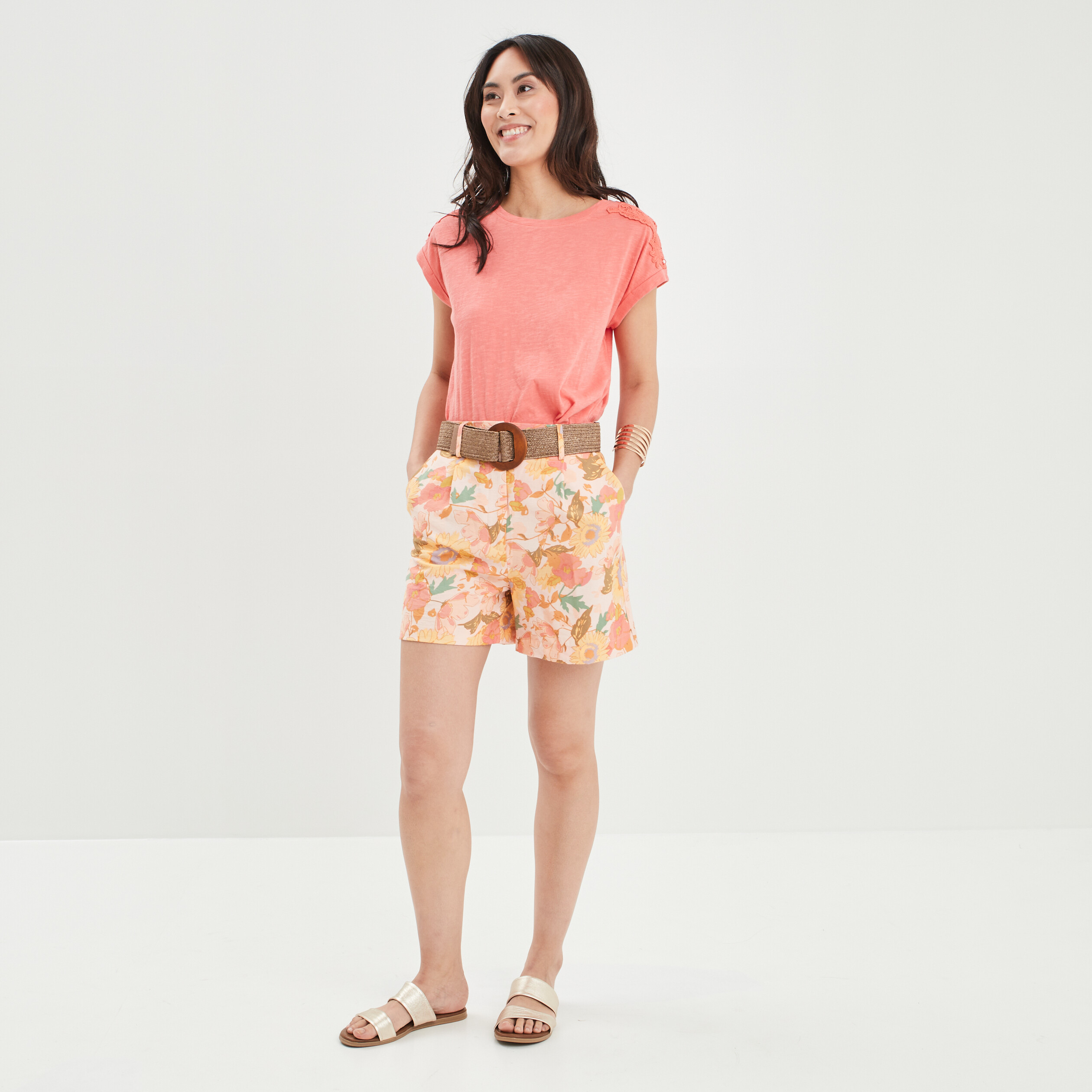 T-shirt manches courtes effet macramé rose corail femme | La Halle
