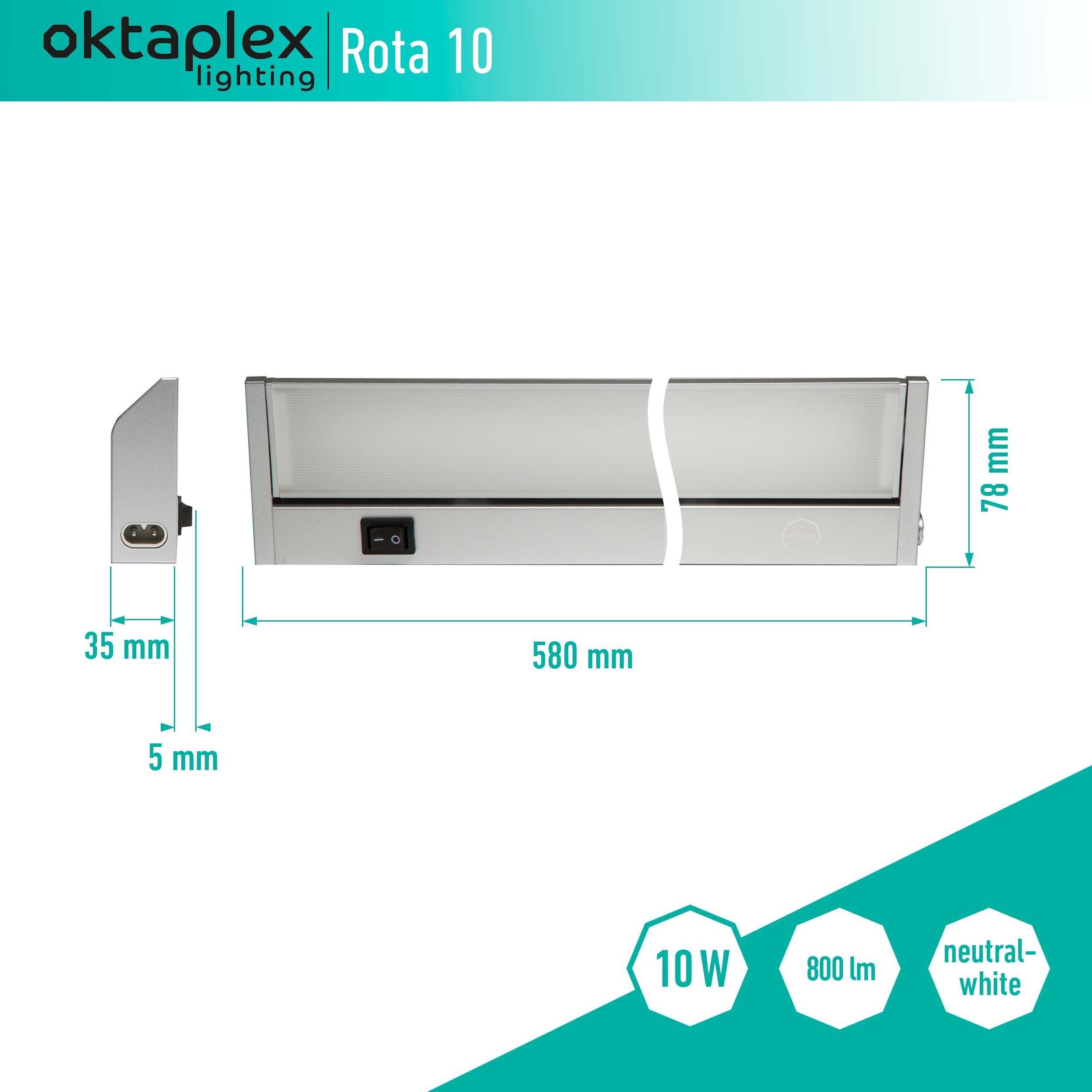 Oktaplex lighting LED Unterbauleuchte Rota 10W 58cm 230V Unterschrankleuchte LED, schwenkbar, LED fest verbaut, Neutralweiß, 4000K Küche Lichtleiste Aluminium mit Schalter