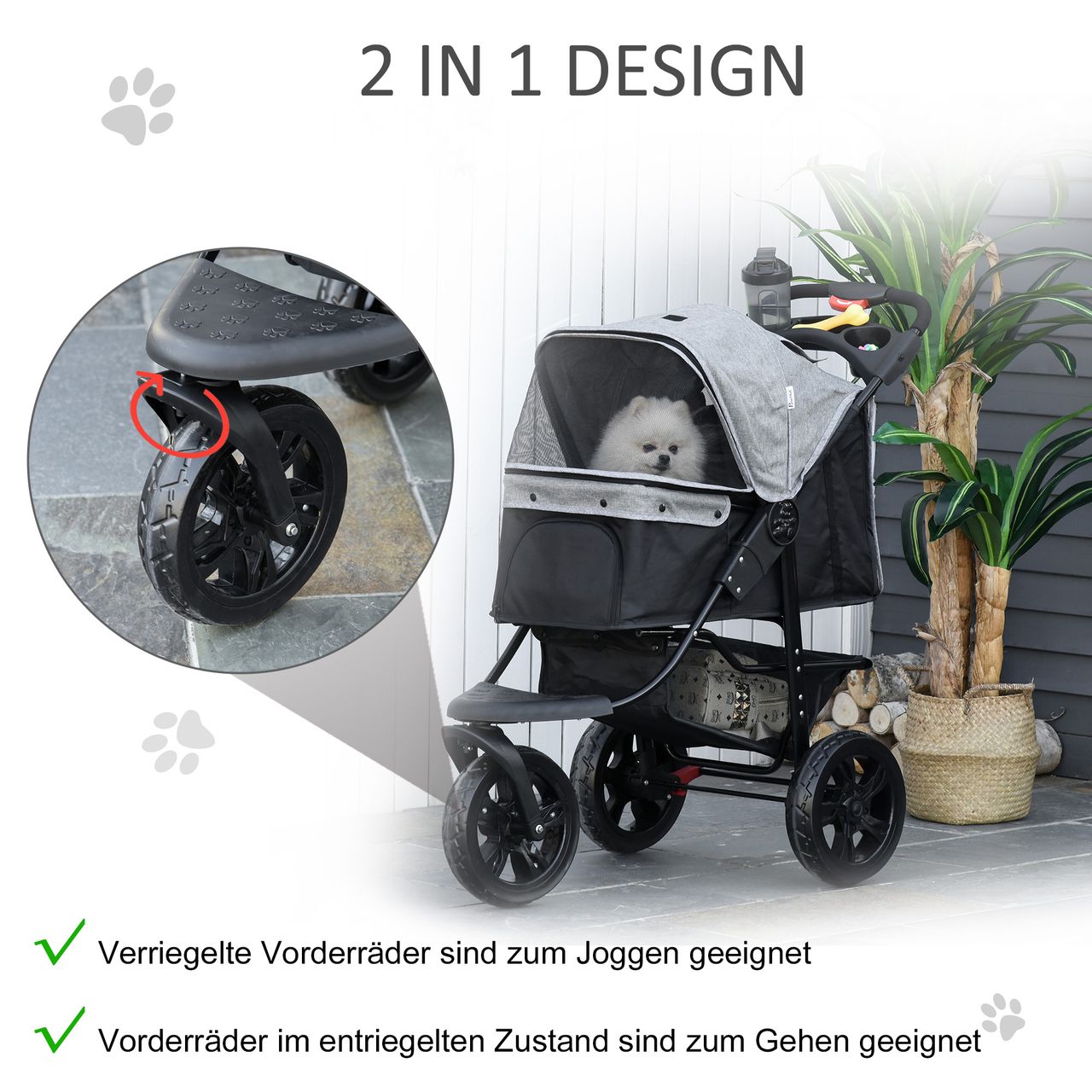 PawHut Hundewagen Hundebuggy Katzen Pet Stroller mit 3 Rädern klappbar Grau