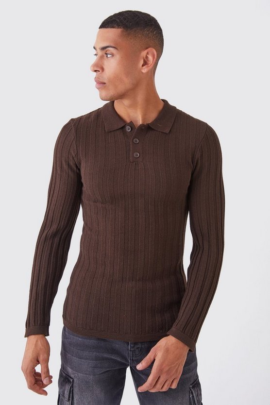 Langärmliges geripptes Muscle-Poloshirt