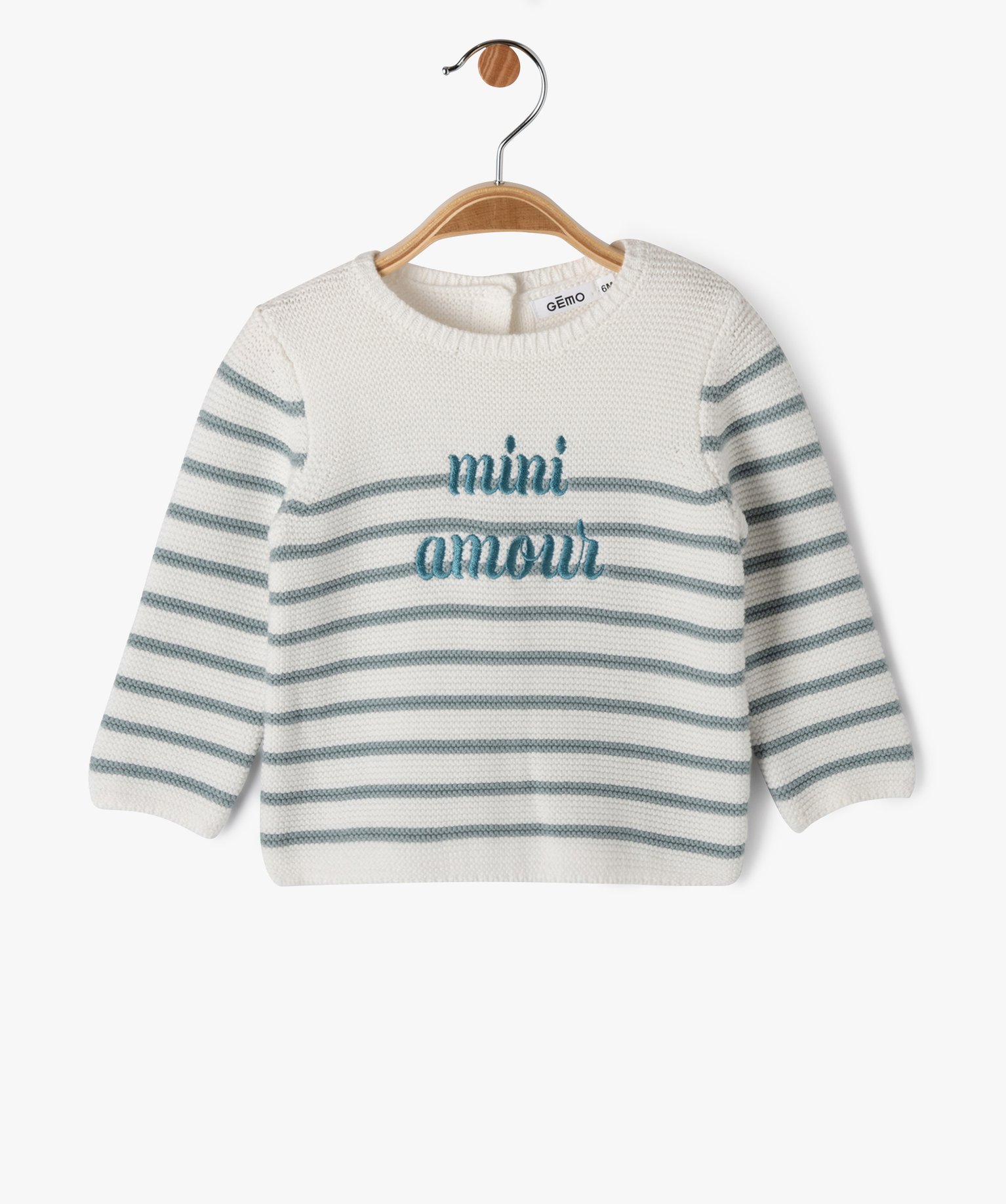 Pull rayé avec message brodé et dos boutonné bébé blanc | GEMO
