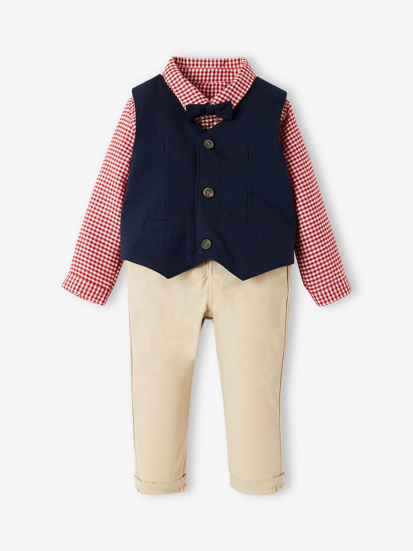 Vertbaudet Festliches Jungen Baby-Set: Hemd, Hose, Weste & Fliege - rot