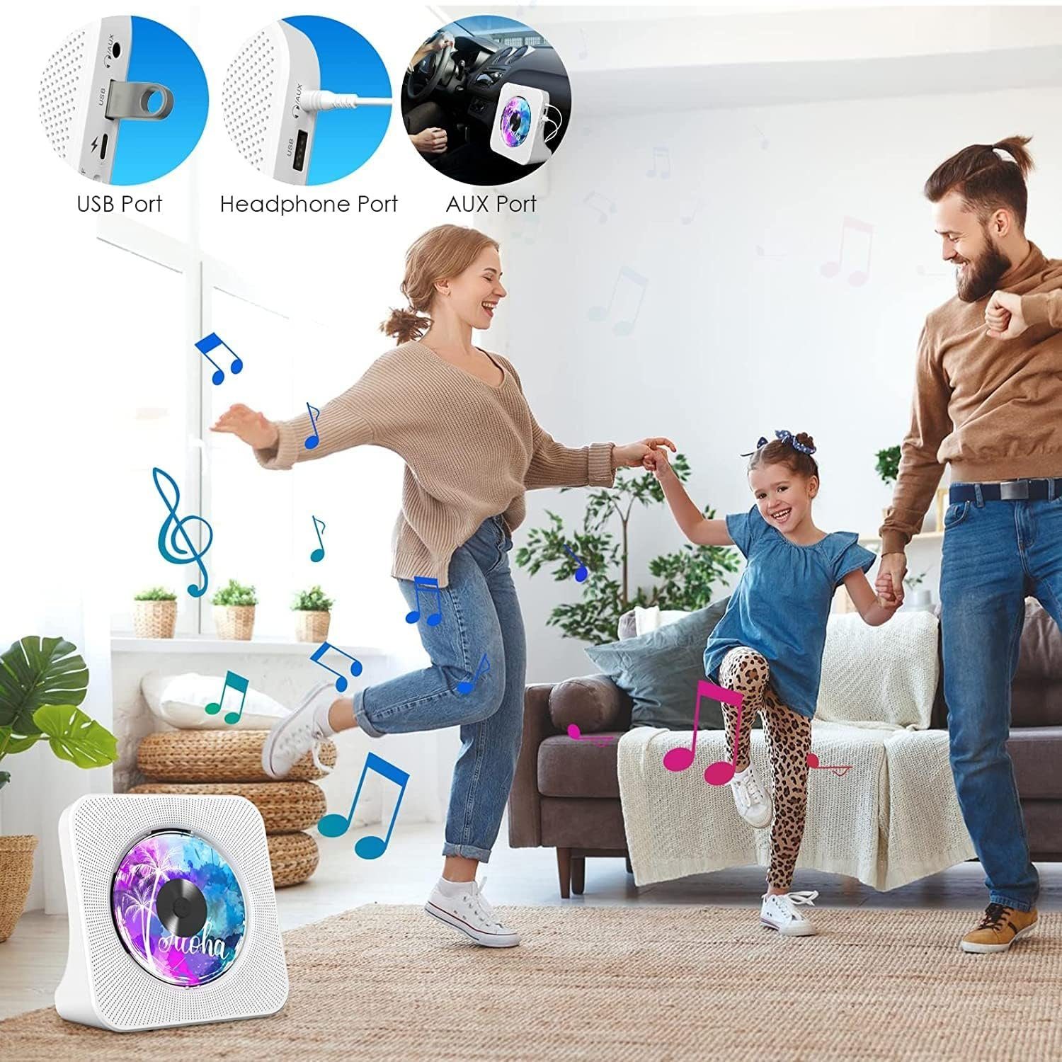 ASLENY Tragbarer CD-Player mit Bluetooth, Desktop für Zuhause CD-Player (FM-Radio-Boombox mit Fernbedienung, USB-Anschluss, LCD-Display)