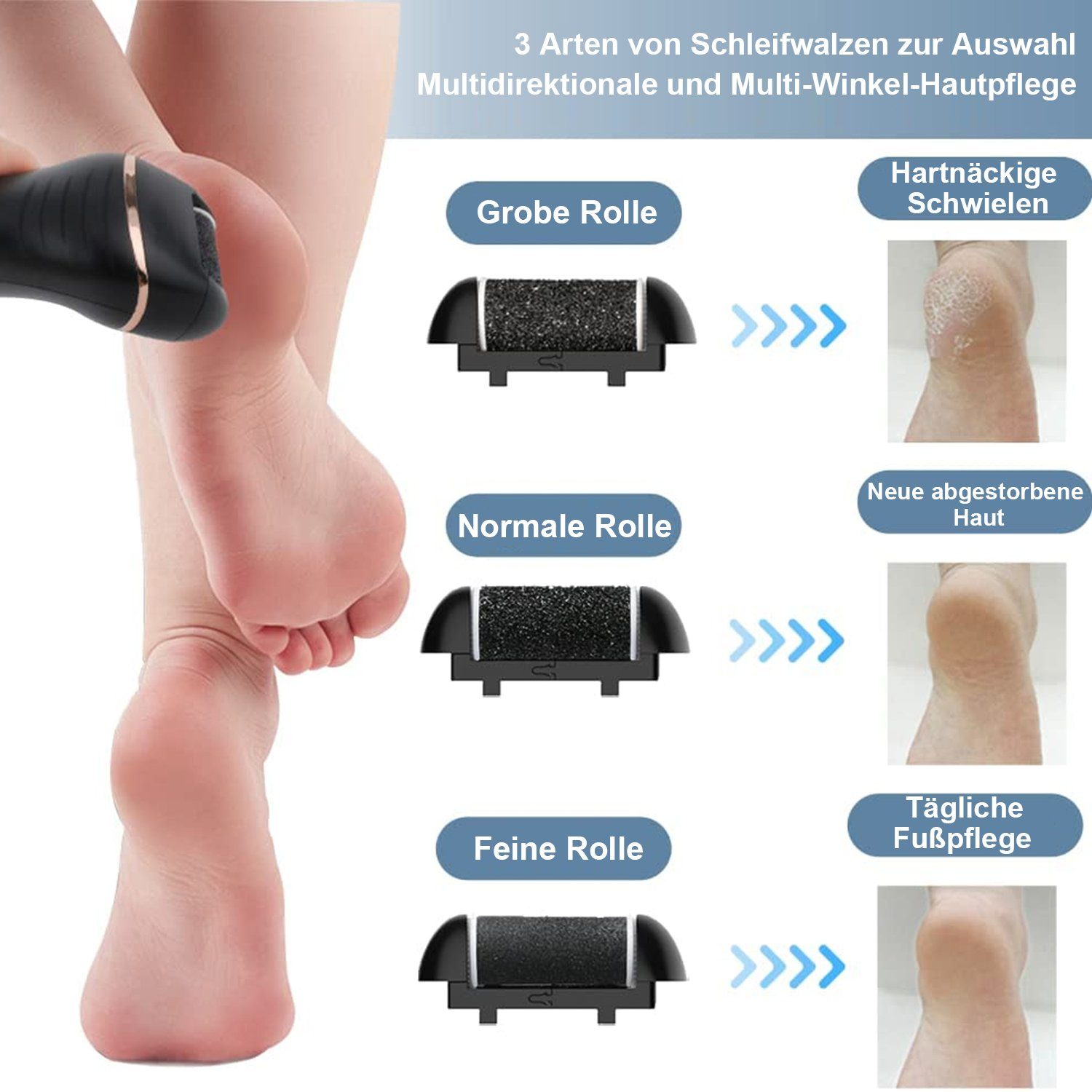 Kpaloft Elektrischer Hornhautentferner, Pediküre-Set 3 Ersatzwalzen 2 Modi USB
