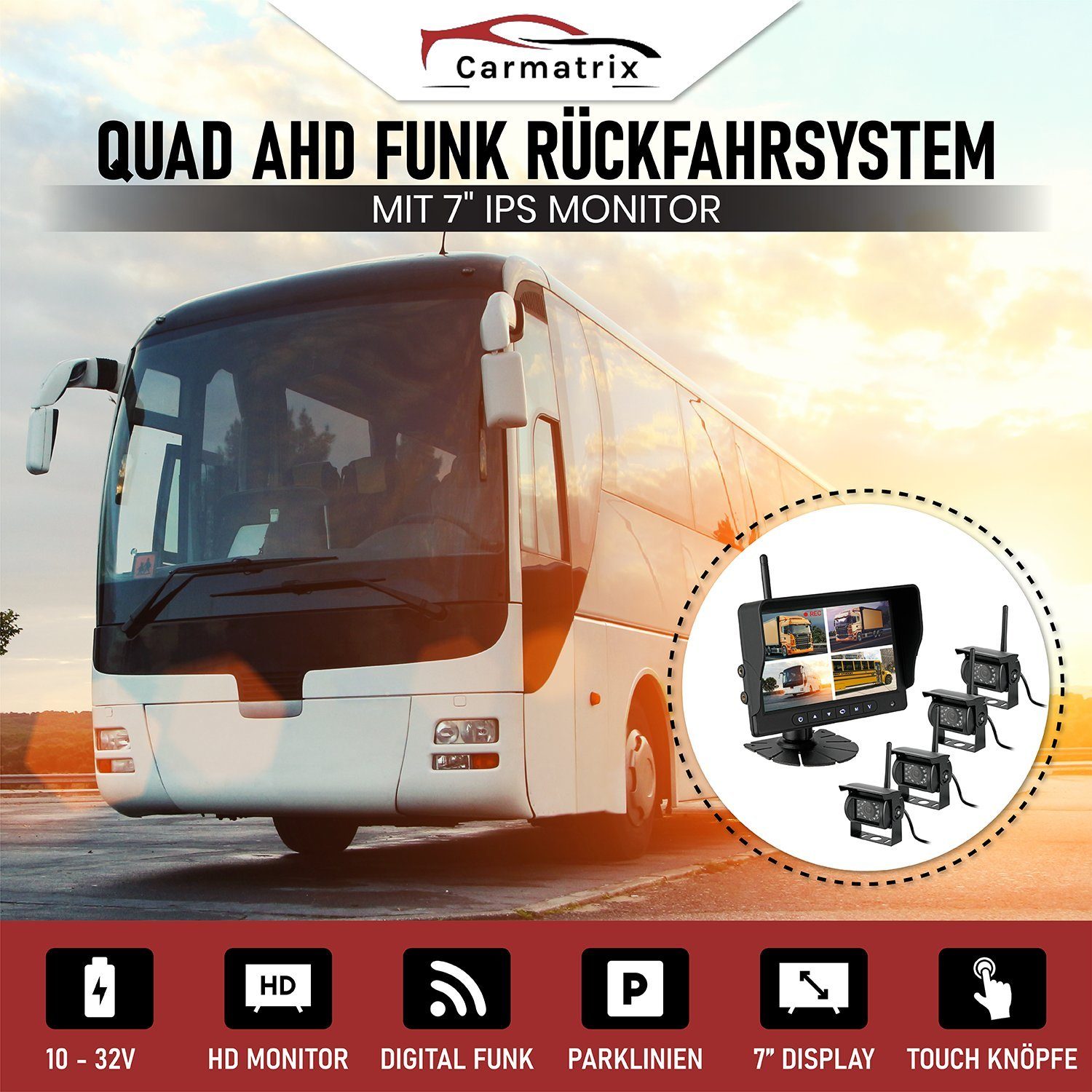 CARMATRIX BDW-710C+4 Rückfahrkamera (HD Funk Rückfahrsystem 7