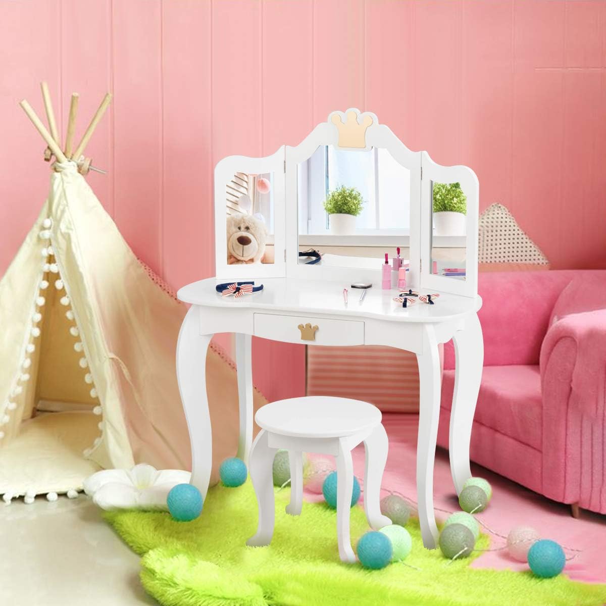 Costway COSTWAY Kinder Schminktisch mit Hocker und Abnehmbarer Spiegel