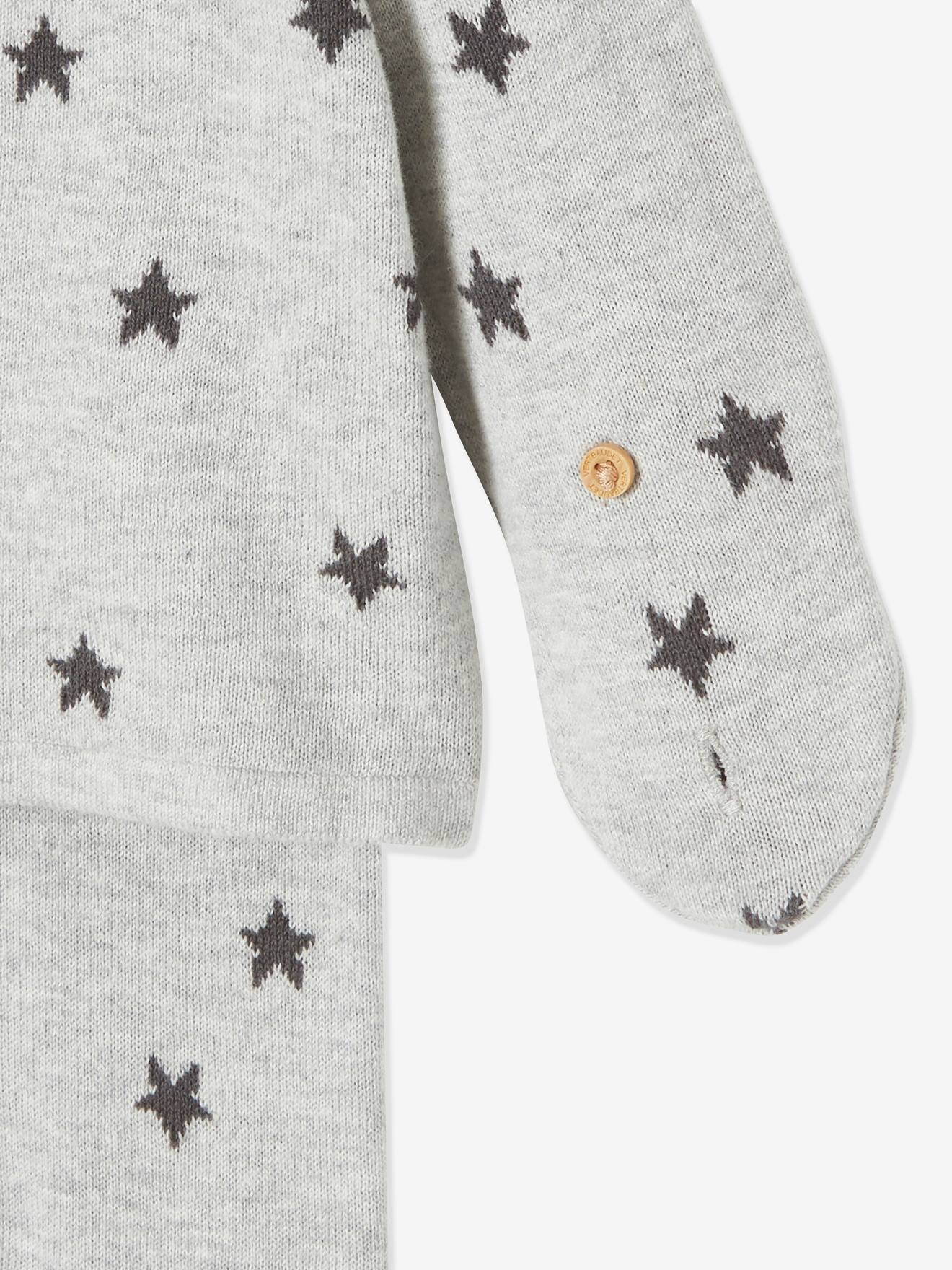 Ensemble 4 pièces bébé : pull + pantalon + bonnet + moufles gris clair chiné