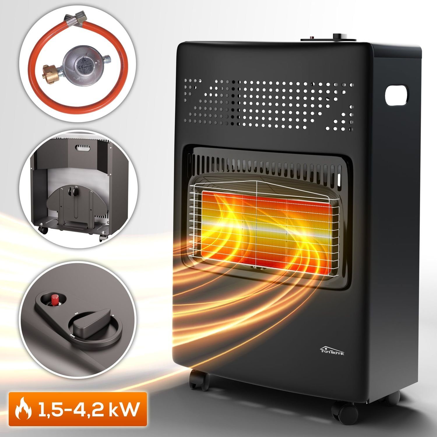 TroniTechnik Heizgerät Infrarot- Heizgerät HB-015 Gasheizer,Piezo-Zündung,4200 Watt,I3B/P(50), 4200 W, Überhitzungsschutz, drei Leistungsstufen:1500/2800/4200 Watt Edelstahl