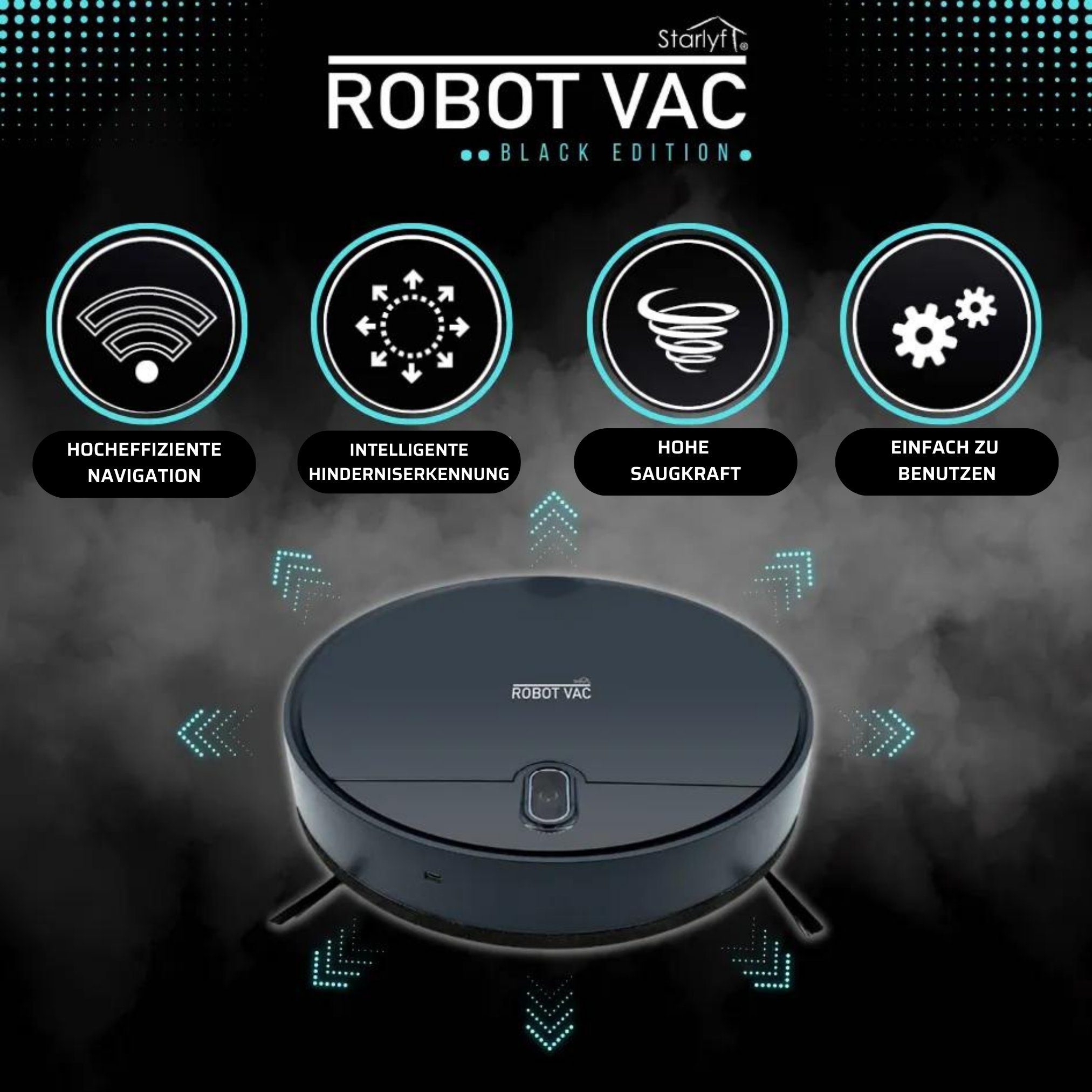 Starlyf Saugroboter Robot Vac, 10,00 W, beutellos, Staubsaugerroboter mit Wischfunktion, Teppich, Hartböden, 7,4V, leise