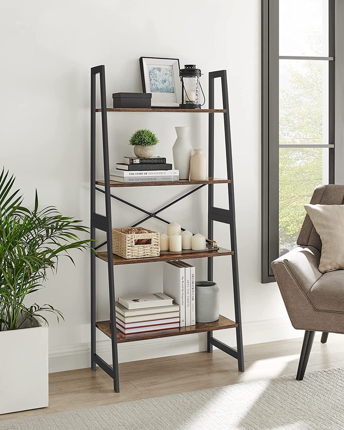 VASAGLE Bücherregal Standregal, mit 4 Ebenen, Leiterregal, für Wohnzimmer