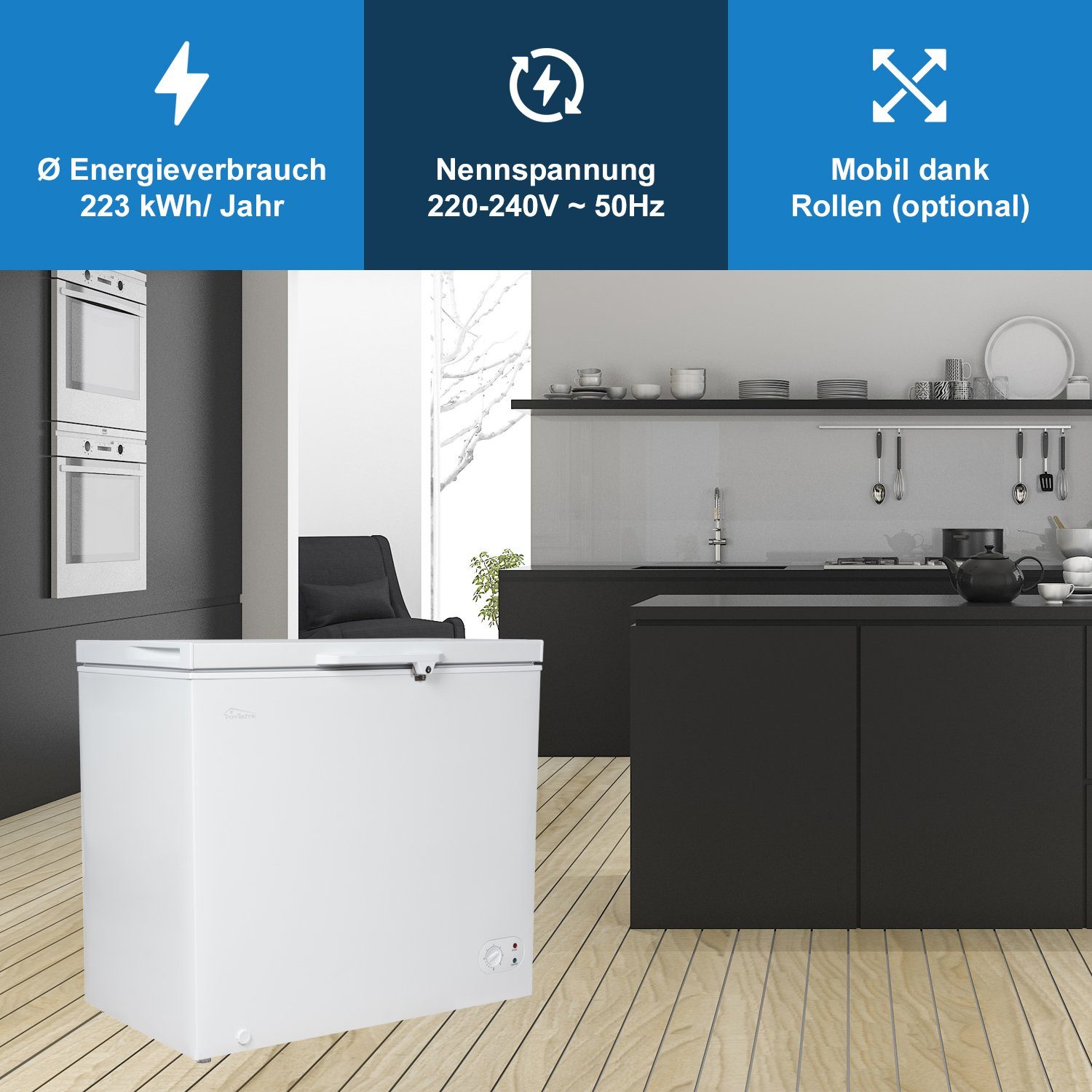 TroniTechnik Gefriertruhe BORGAR 210 PRO, 90.5 cm breit, 202 l, inkl. Dual Thermostat, LED Licht, Griff, Schloss, Rollen, Einlegekorb