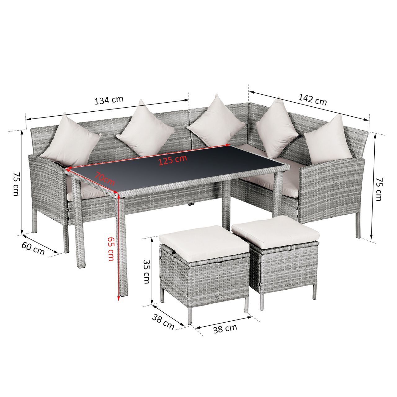 Outsunny 5-tlg. Gartenmöbel Set Rattan Sitzgruppe mit Fußhocker Metall Grau 134 x 60 x 75 cm