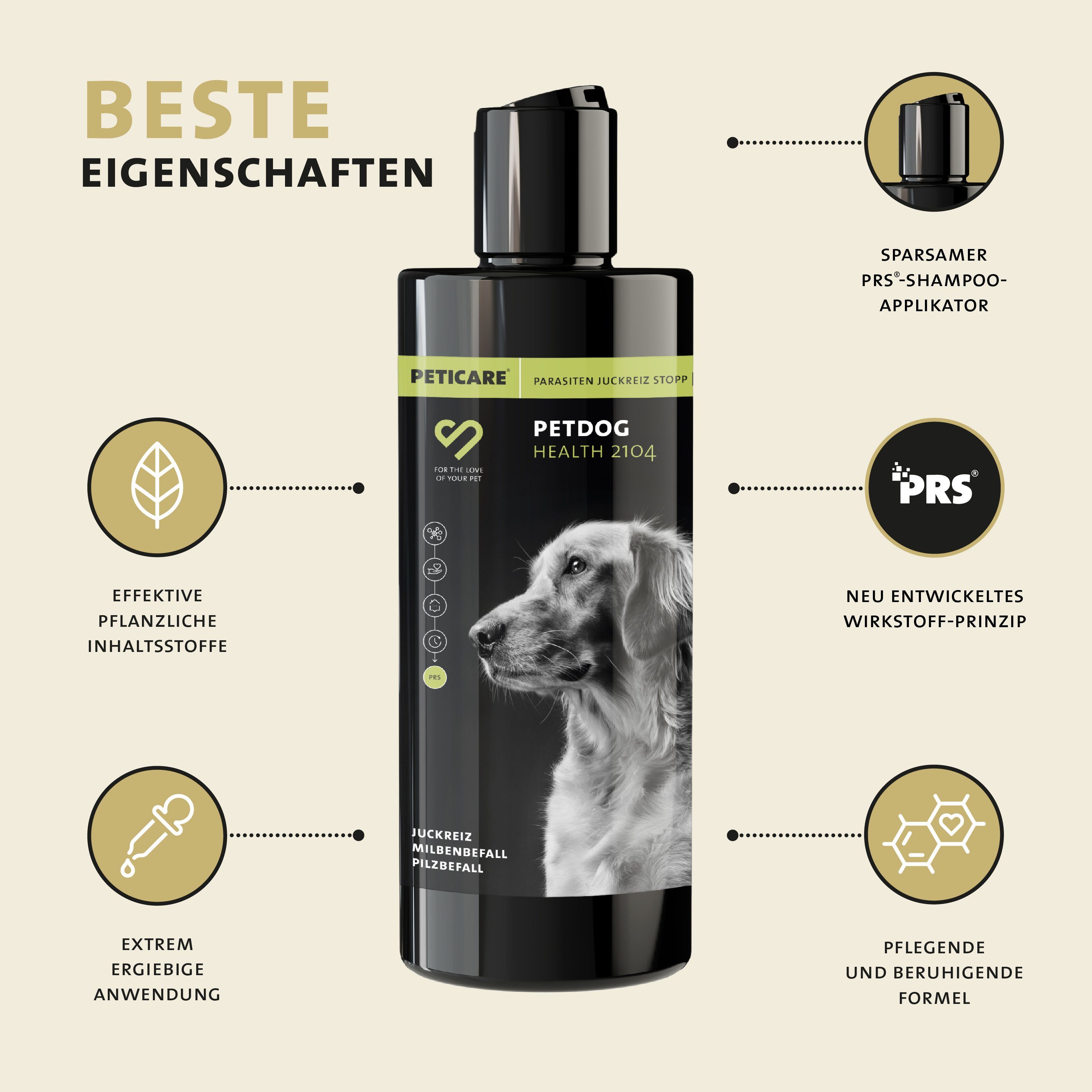 Peticare Tiershampoo petDog Health 2104 - Parasiten, Juckreiz Shampoo für Hunde, 250 ml, bei Juckreiz, Pilz & Milben, Flohbefall, beruhigt u. schützt die Haut