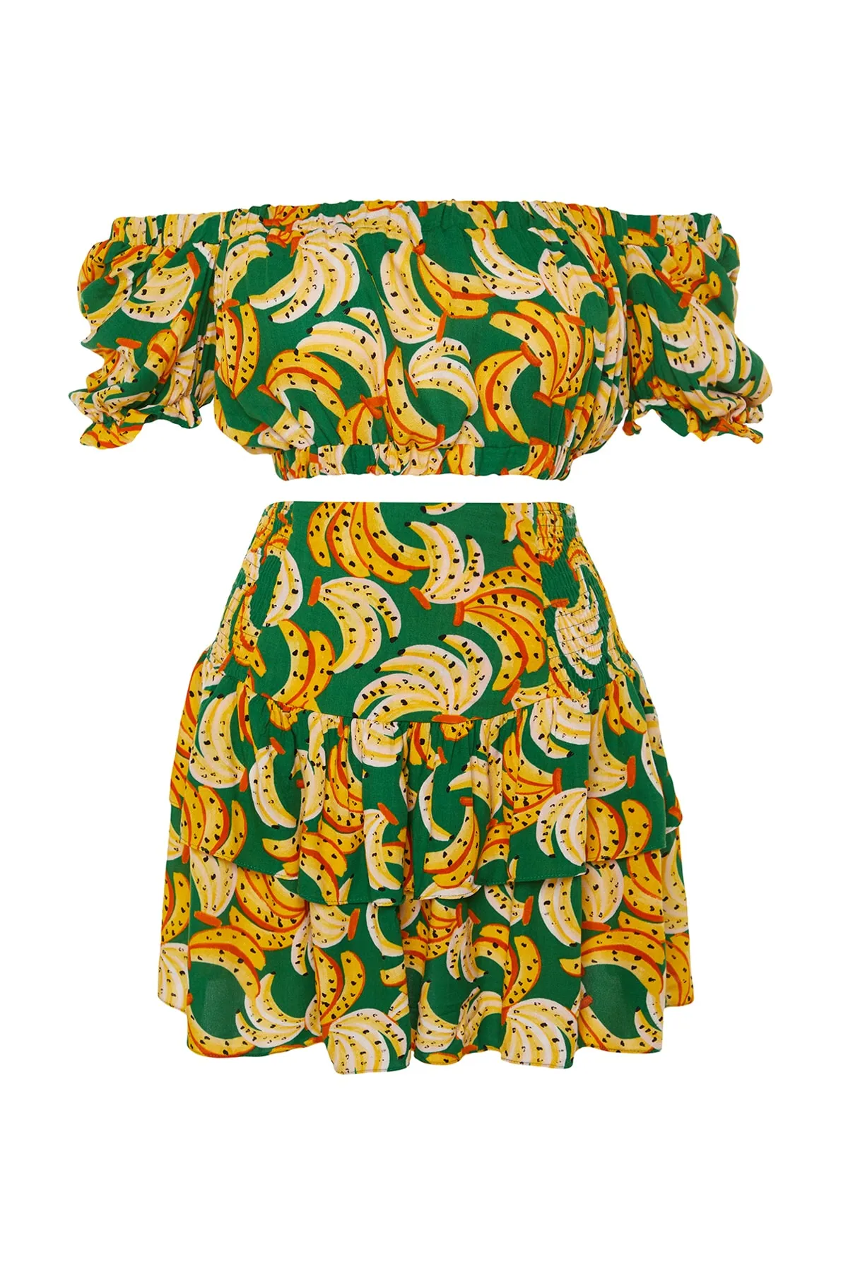 Trendyol Collection  Gewebtes Rüschenblusen-Rock-Set mit Fruchtmuster TBESS23AU00164