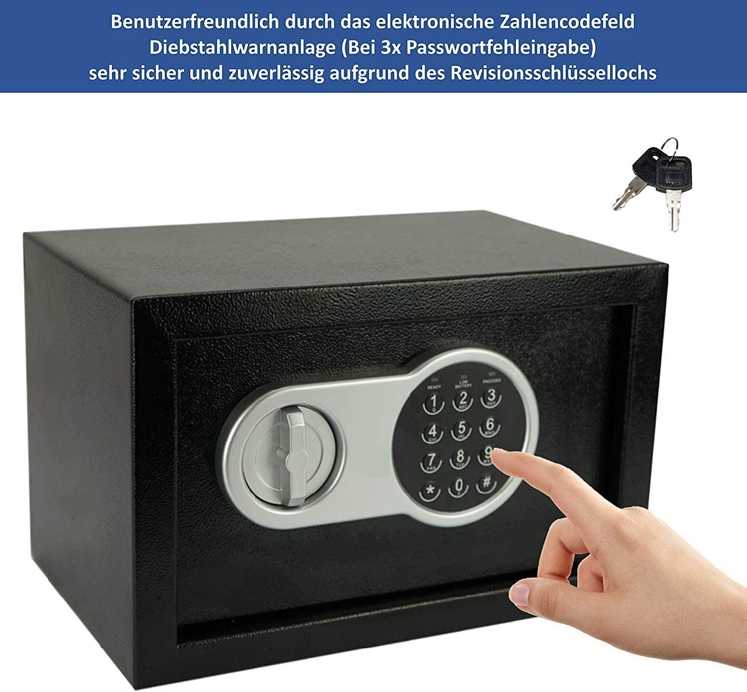 JUNG Tresor Safe elektronisch, Möbeltresor Zahlenschloß + 2 Schlüssel, Tresor (klein, kompakt, tragbar, einbaubar, Doppelstahlbolzen Sicherheitsbox für Hotel, Büro und Heim), Hotel, Wandtresor, Schrank, Safe Box Geld, Tresor für zu Hause, Code