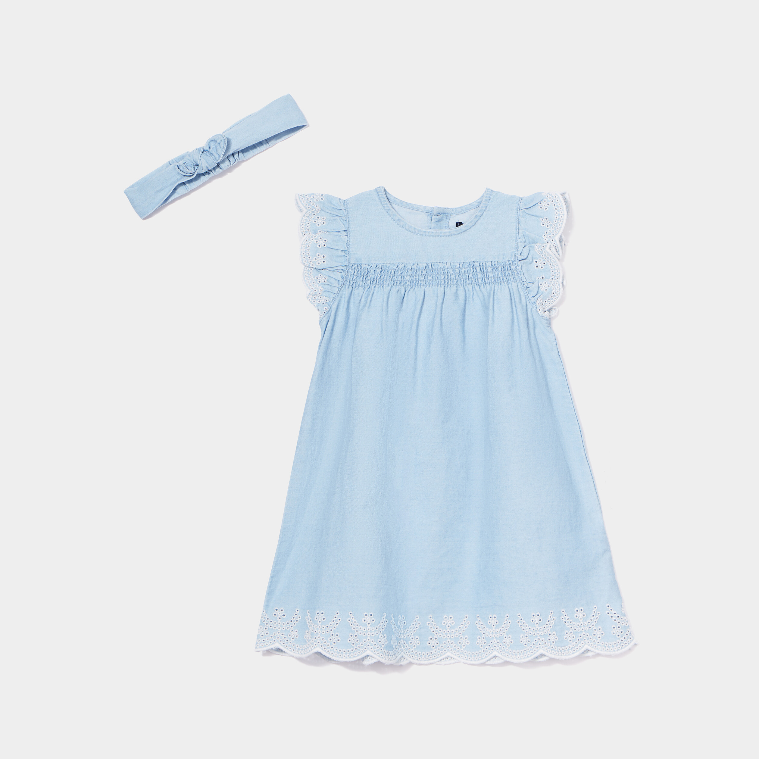 Ensemble robe brodée en jean et bandeau denim bleach bébé fille | La Halle