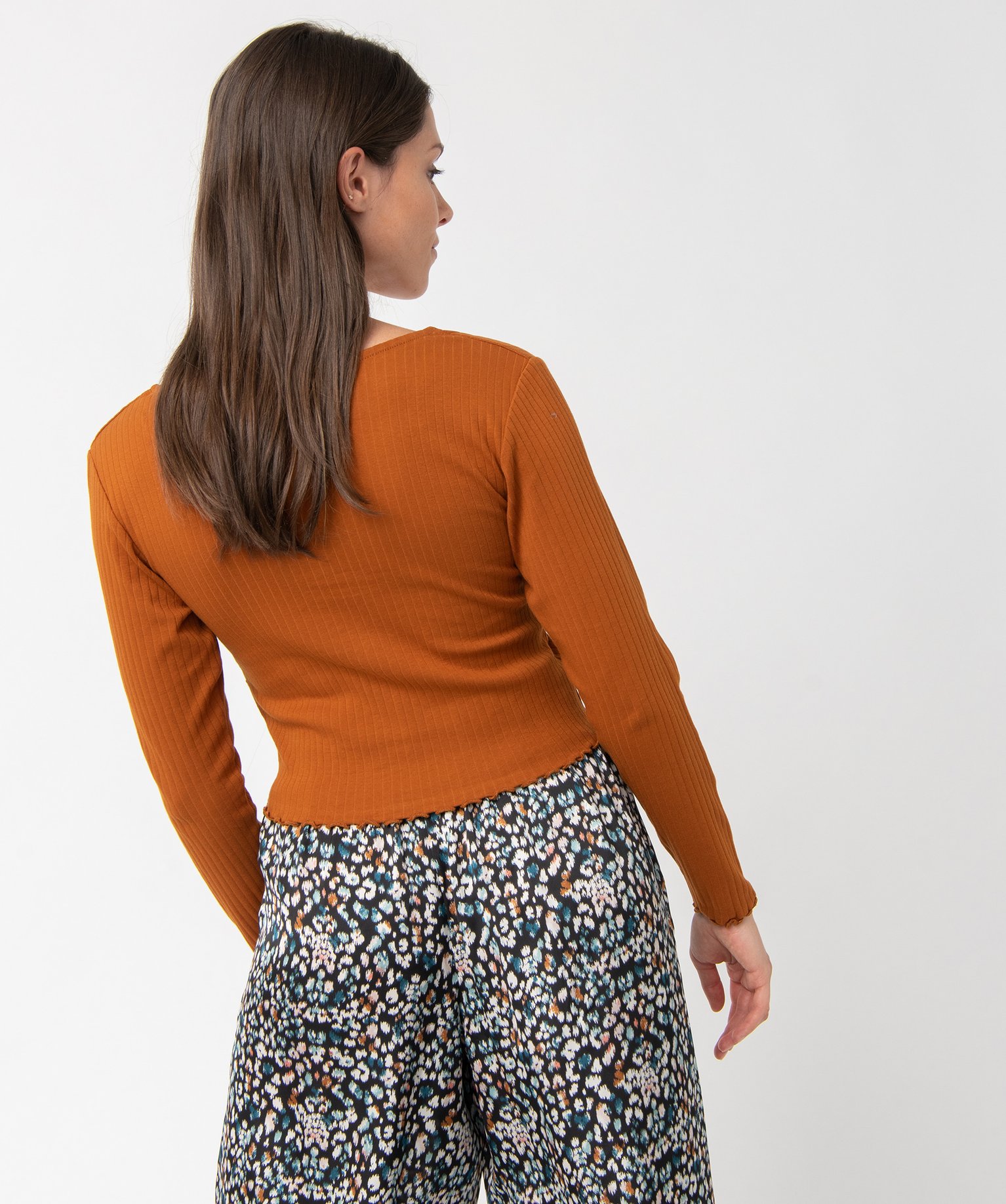 Haut de pyjama femme court à manches longues et col V marron | GEMO