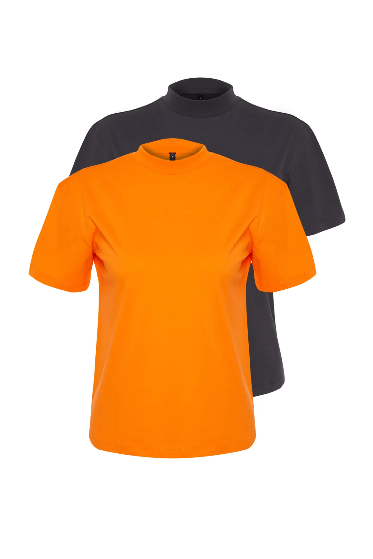 Trendyol Collection  Anthrazit-Orange 2er-Pack Basic-Strick-T-Shirt mit Stehkragen TWOSS20TS1500
