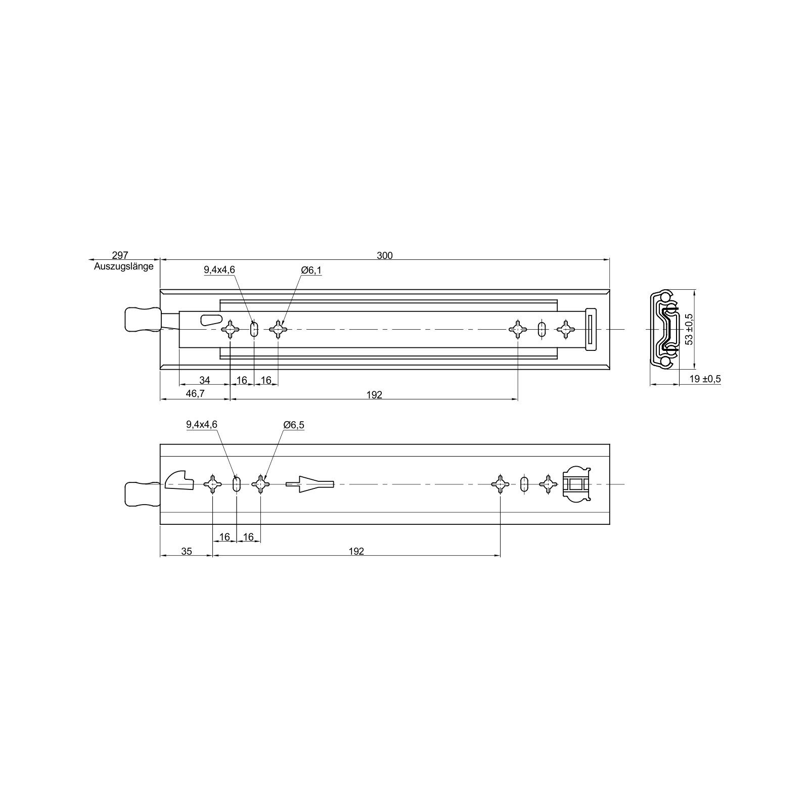 SO-TECH® Auszug Schwerlastauszug 100 kg KV2-100-H53-LC 300 - 1200 mm von JUNKER (2 St), KV2-100-H53-LC Längen 300 - 1200 mm