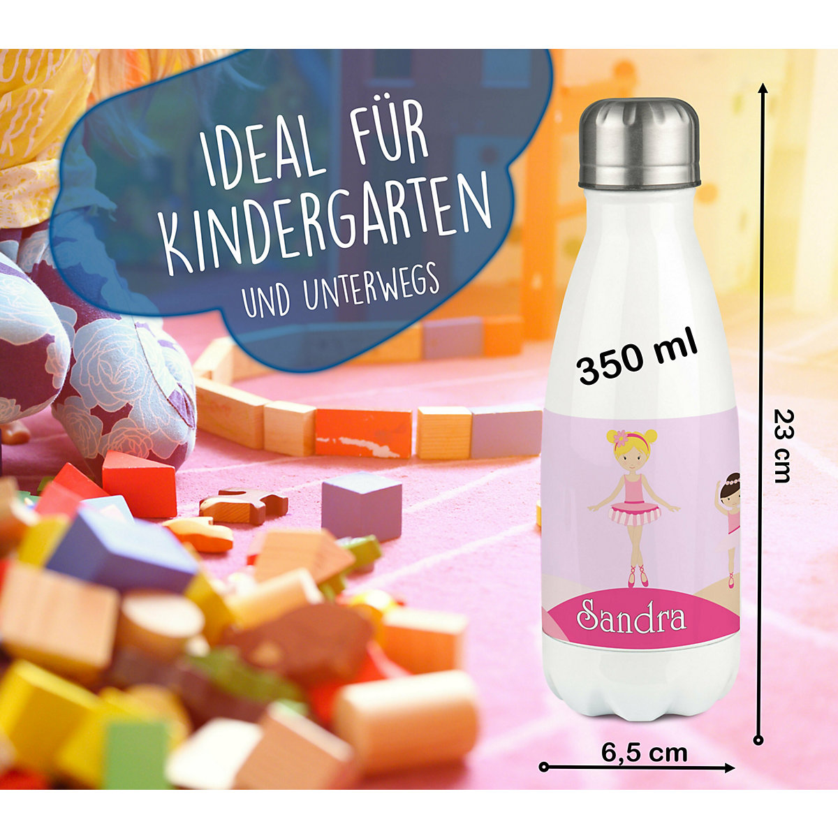Edelstahl Kinder Thermoflasche / Trinkflasche bunt Balerina Spülmaschinenfest, Auslaufsicher, Bruchfest, Doppelwandig, Für Heißgetränke geeignet, Mit Deckel, Isoliert