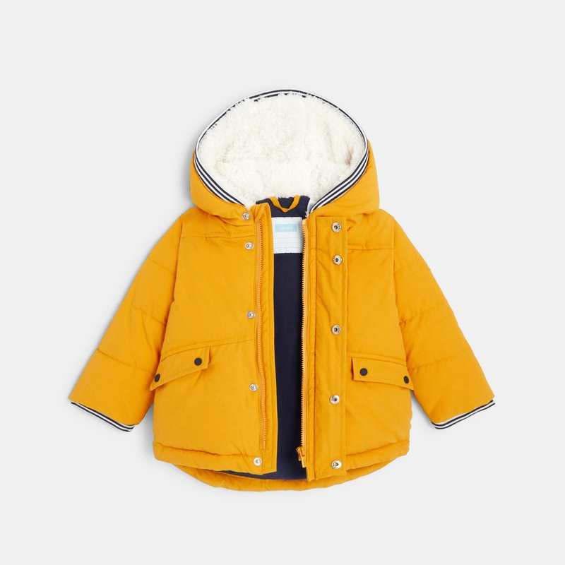 Manteau matelassé à capuche fourrée jaune bébé garçon
