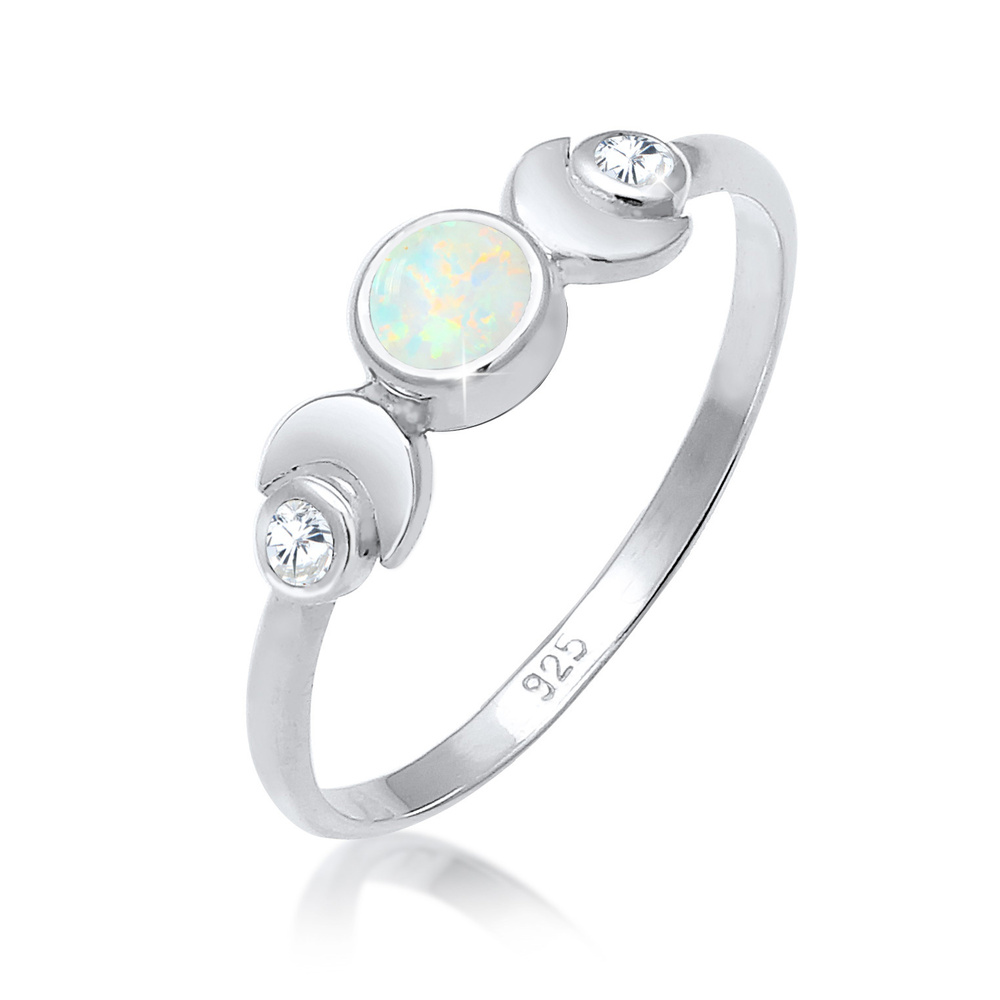 Elli Elli Bague Demi Lune Astro Bague Femme - (925/1000) Argent Cristal Zircone Opale Bague