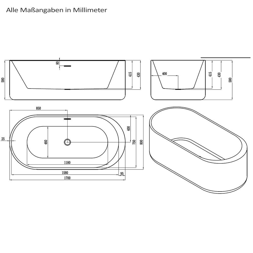 HOME DELUXE Badewanne BOLA PLUS, inkl. Whirlpoolfunktion - Maße: 170 x 80 x 58 cm I Indoor Jacuzzi