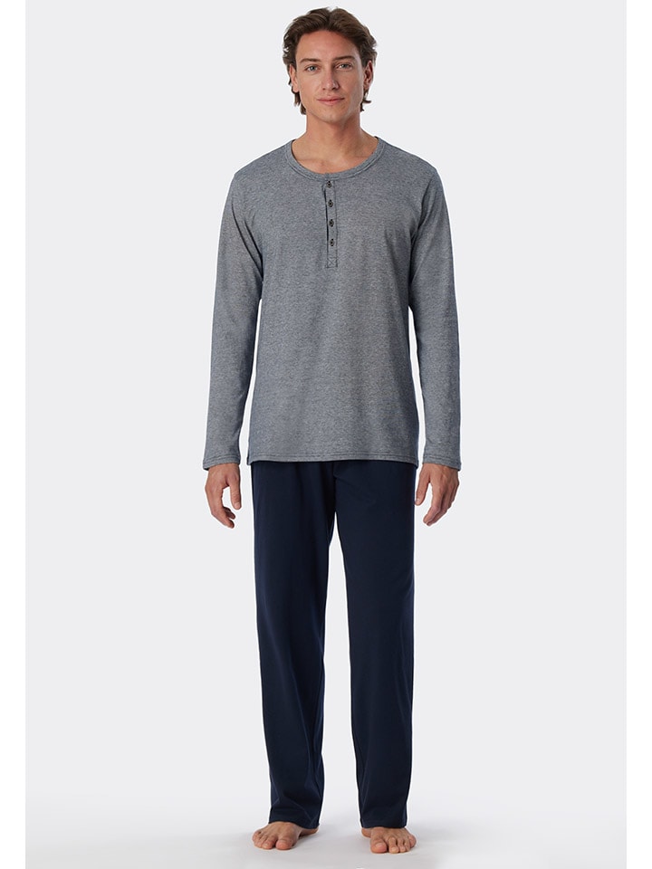Schiesser Pyjama in Grau/ Dunkelblau günstig kaufen