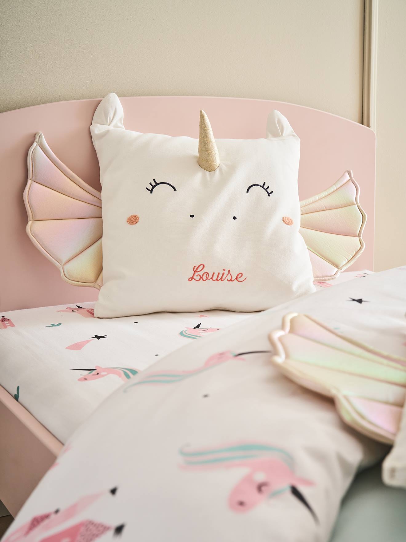 Vertbaudet Kinderzimmer Einhorn-Kissen, personalisierbar - wollweiß